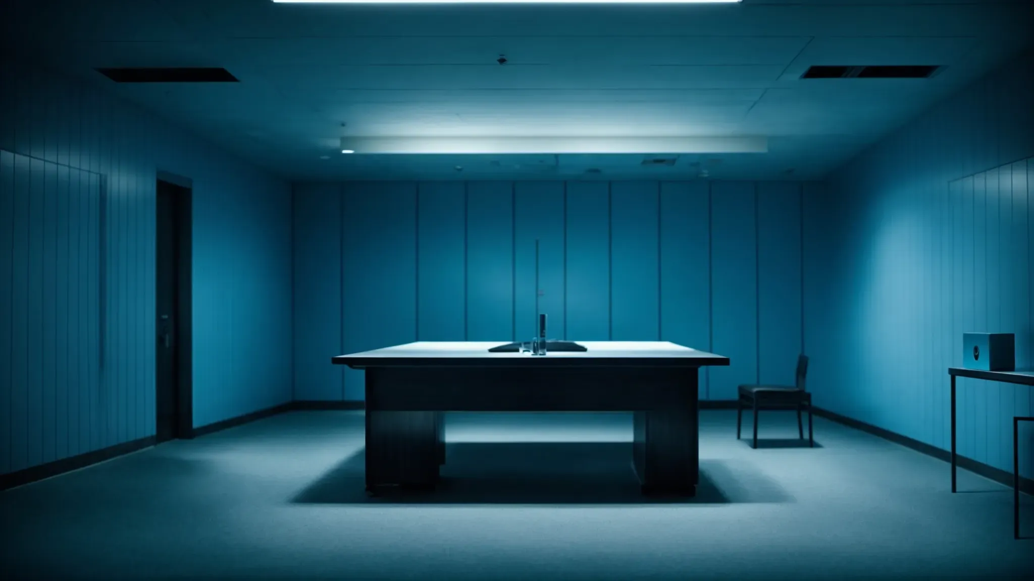 a tense interrogation room bathed in cold blue tones, enhancing the atmosphere of suspense.
