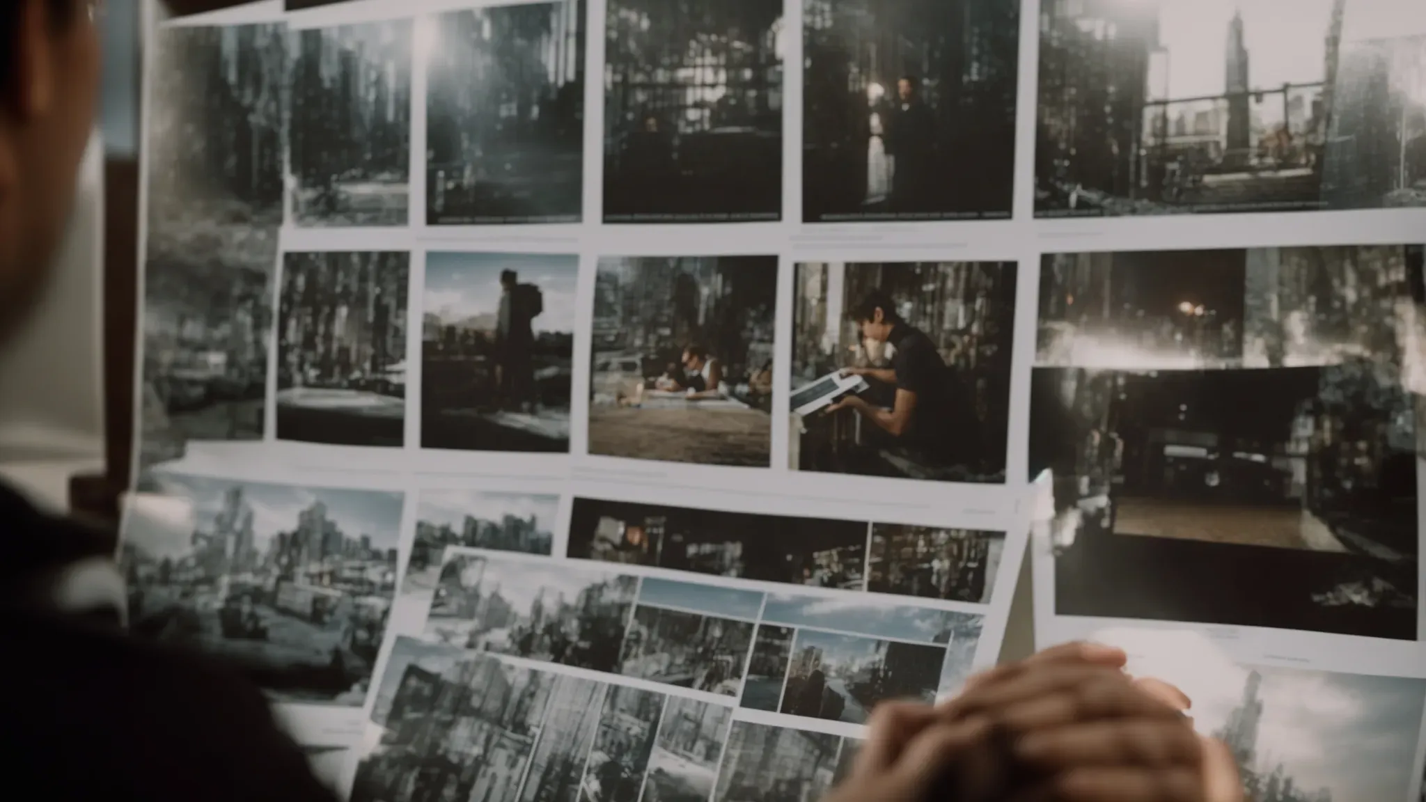 a filmmaker reviews a storyboard that outlines a film's plot progression.