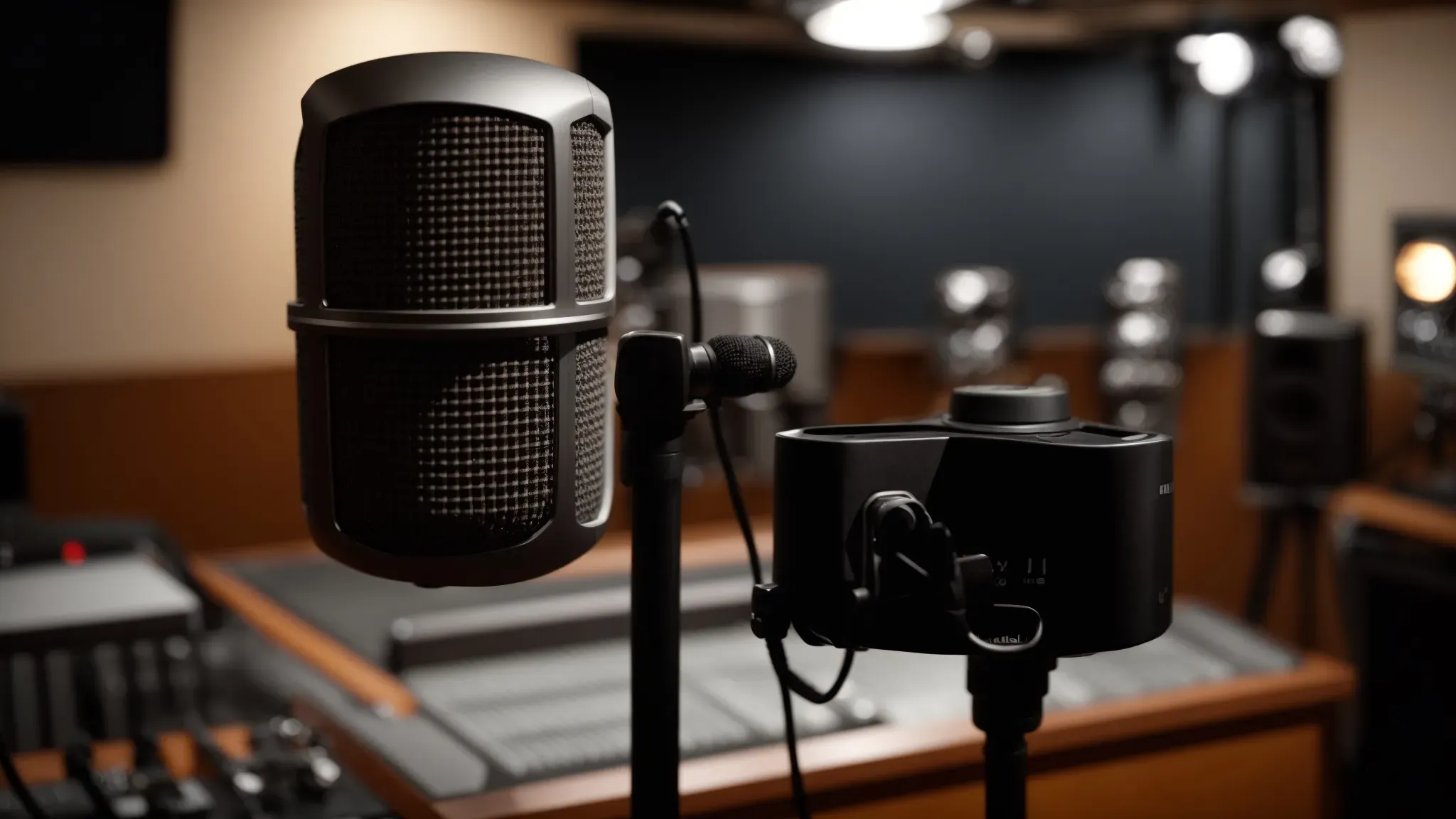 a microphone set up in a well-lit, soundproof recording studio, awaiting an aspiring voice actor.