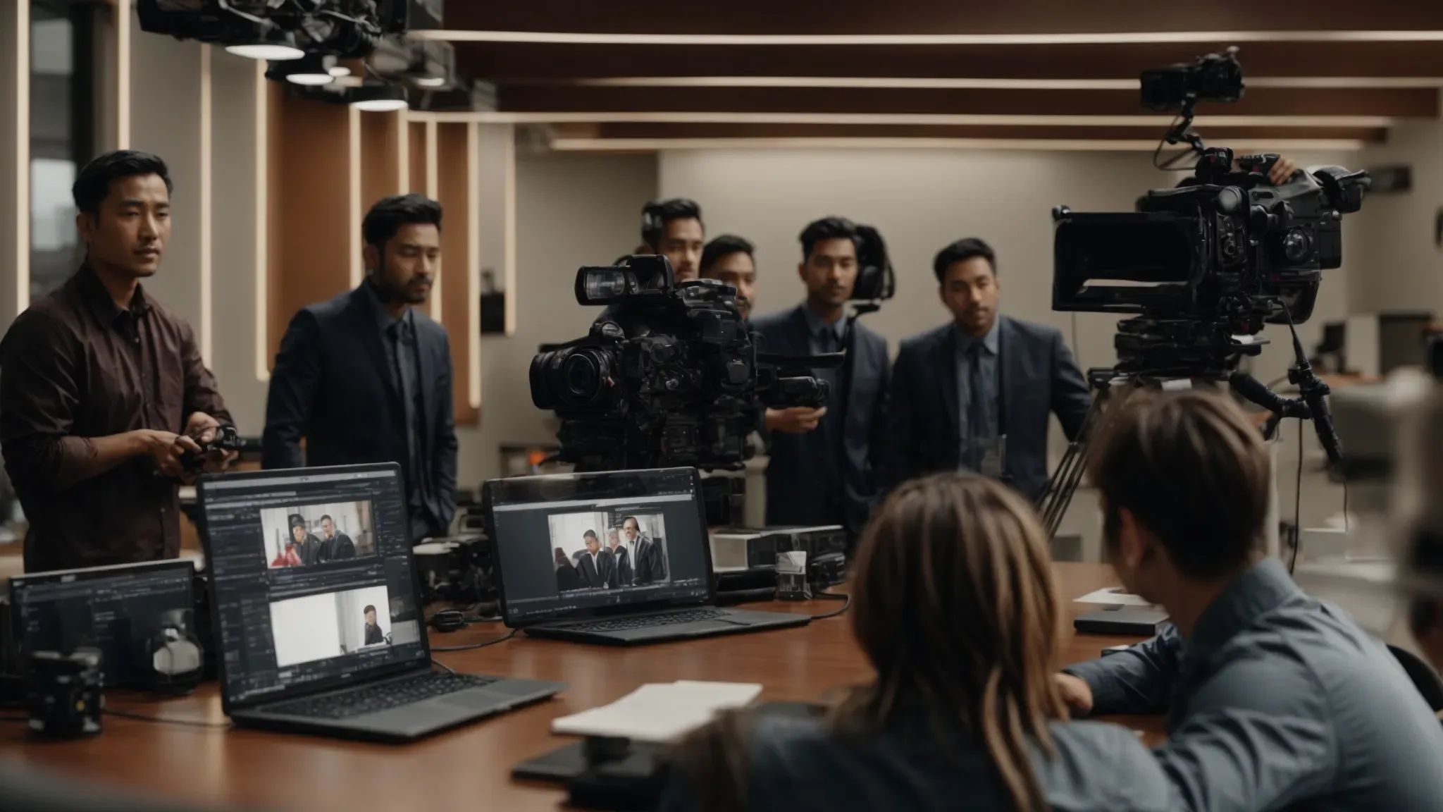 a professional video production team discusses a project around a conference table with storyboards and equipment visible in the background.