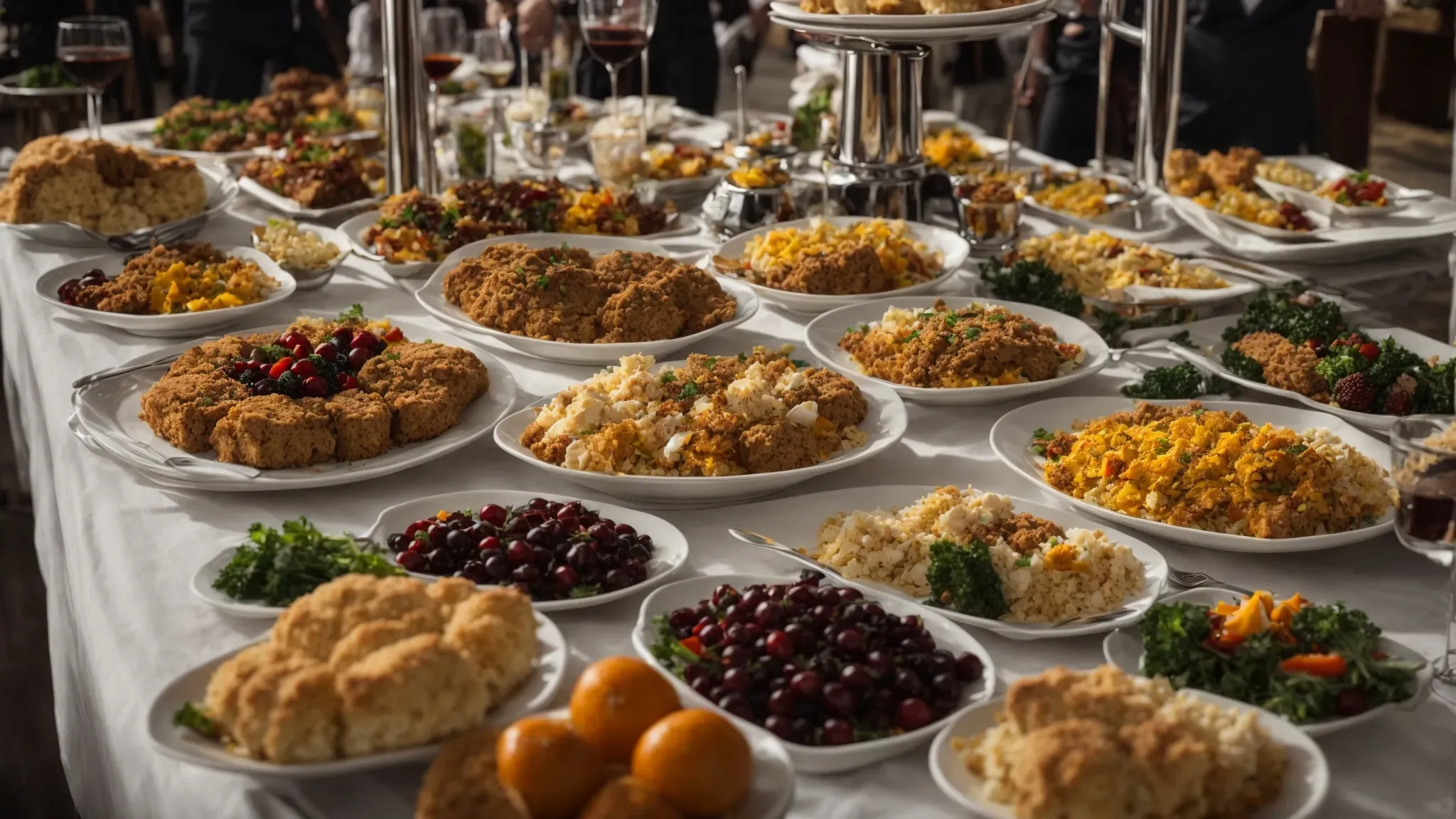 a well-arranged catering table brimming with a variety of foods welcomes a bustling film crew to dine amidst their on-location film set.