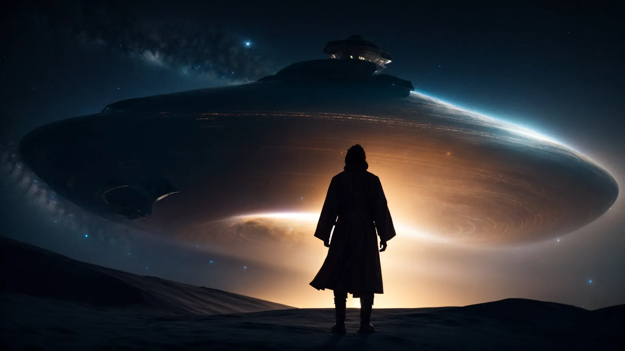 jedi and spacecraft silhouetted against a swirling galaxy.
