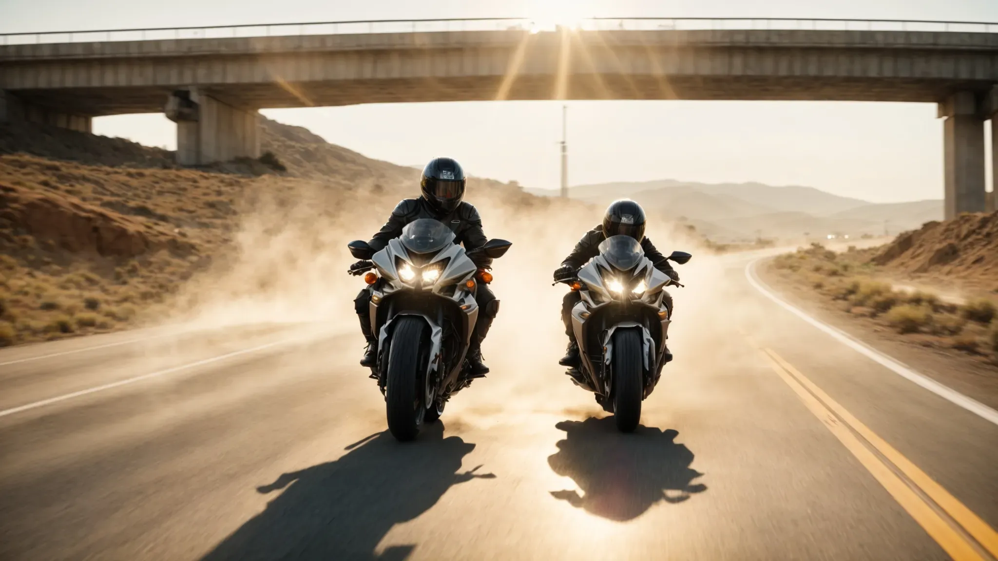 a futuristic cyborg motorcycle chase erupts on a sunlit highway, weaving between vehicles with relentless speed.