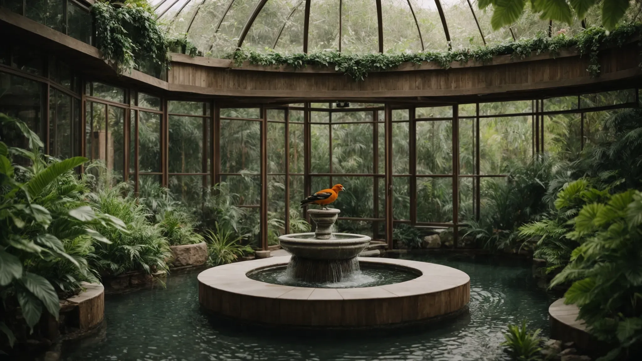 a spacious aviary comes to life, adorned with an assortment of perches, green plants, and a tranquil water feature amidst the naturalistic habitat.