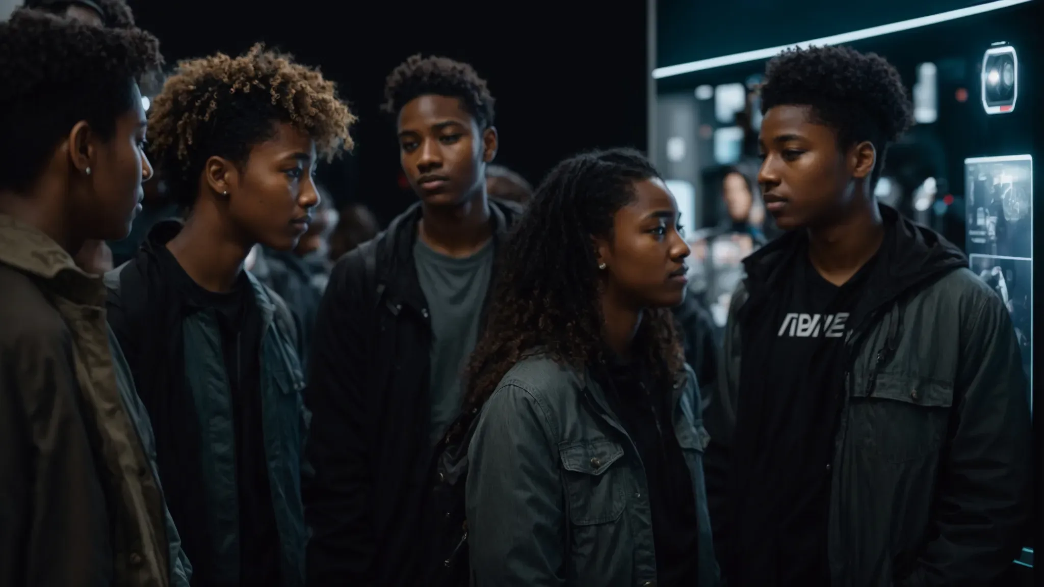 a diverse group of students gathers around a high-tech, interactive display, engaging in a collaborative filmmaking project.