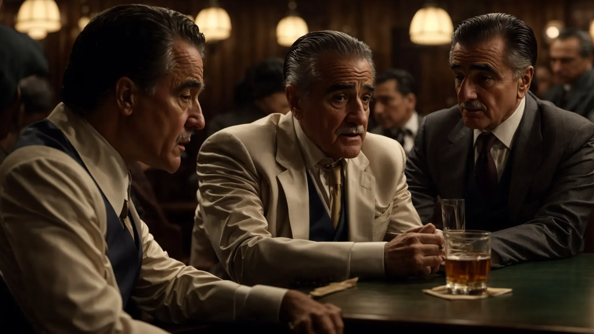 martin scorsese directs an intense discussion between characters in a dimly lit, vintage restaurant, embodying the drama and depth of 