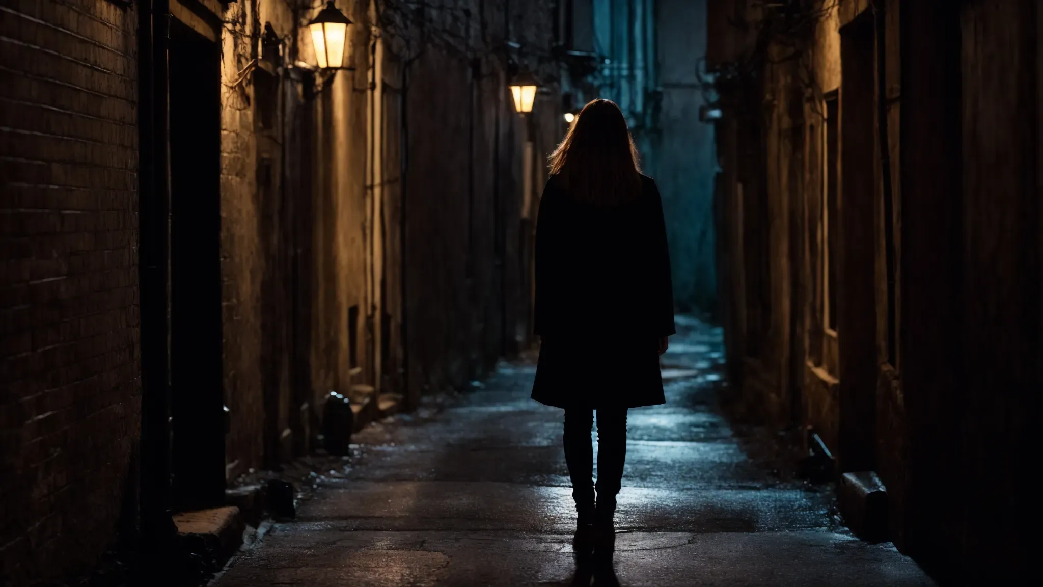 a silhouette of a mysterious woman standing in a dimly lit alleyway, radiating a sense of danger and allure.