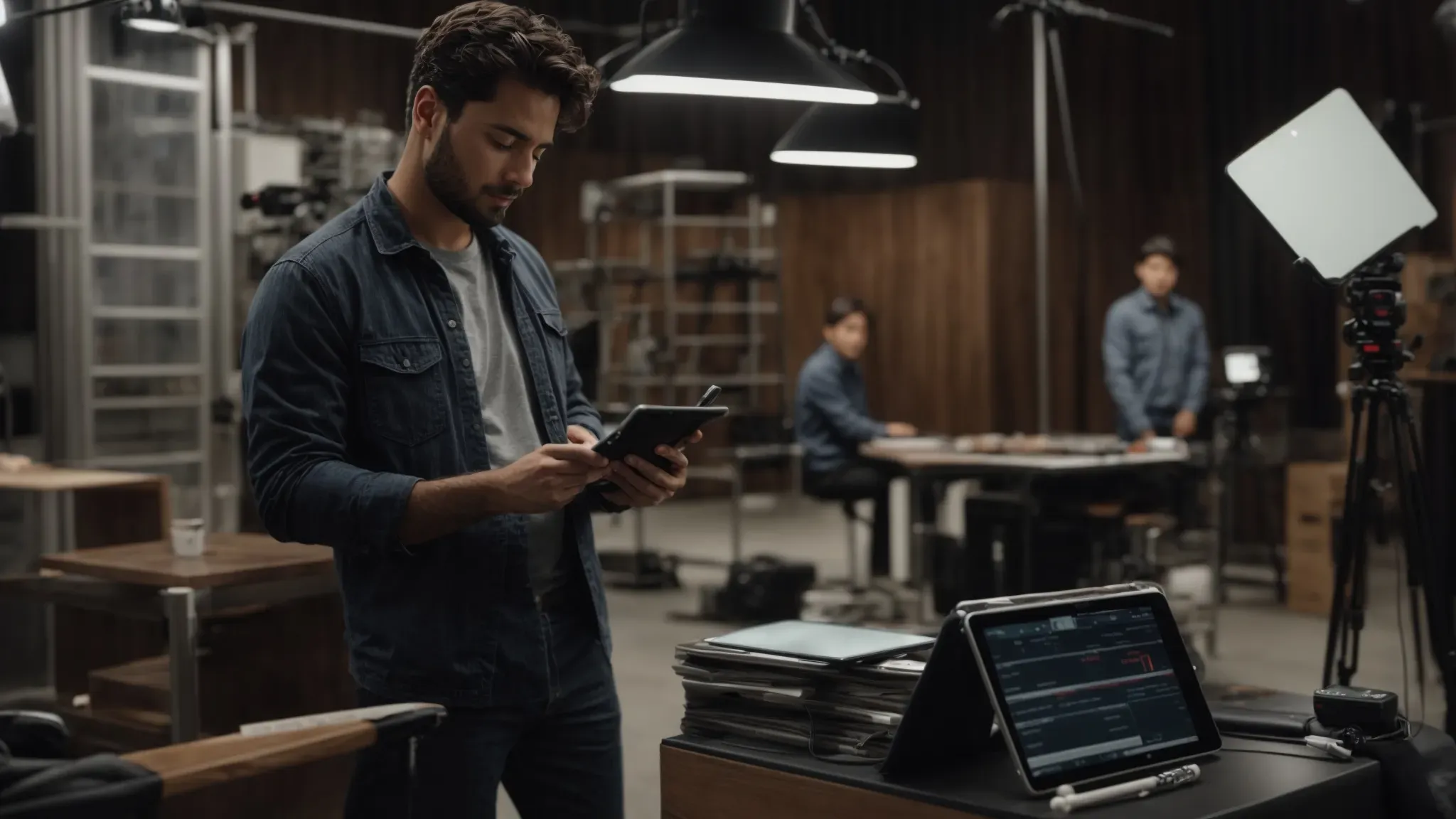 a filmmaker reviews budget analytics on a tablet on a film set, with crew and equipment in the background.