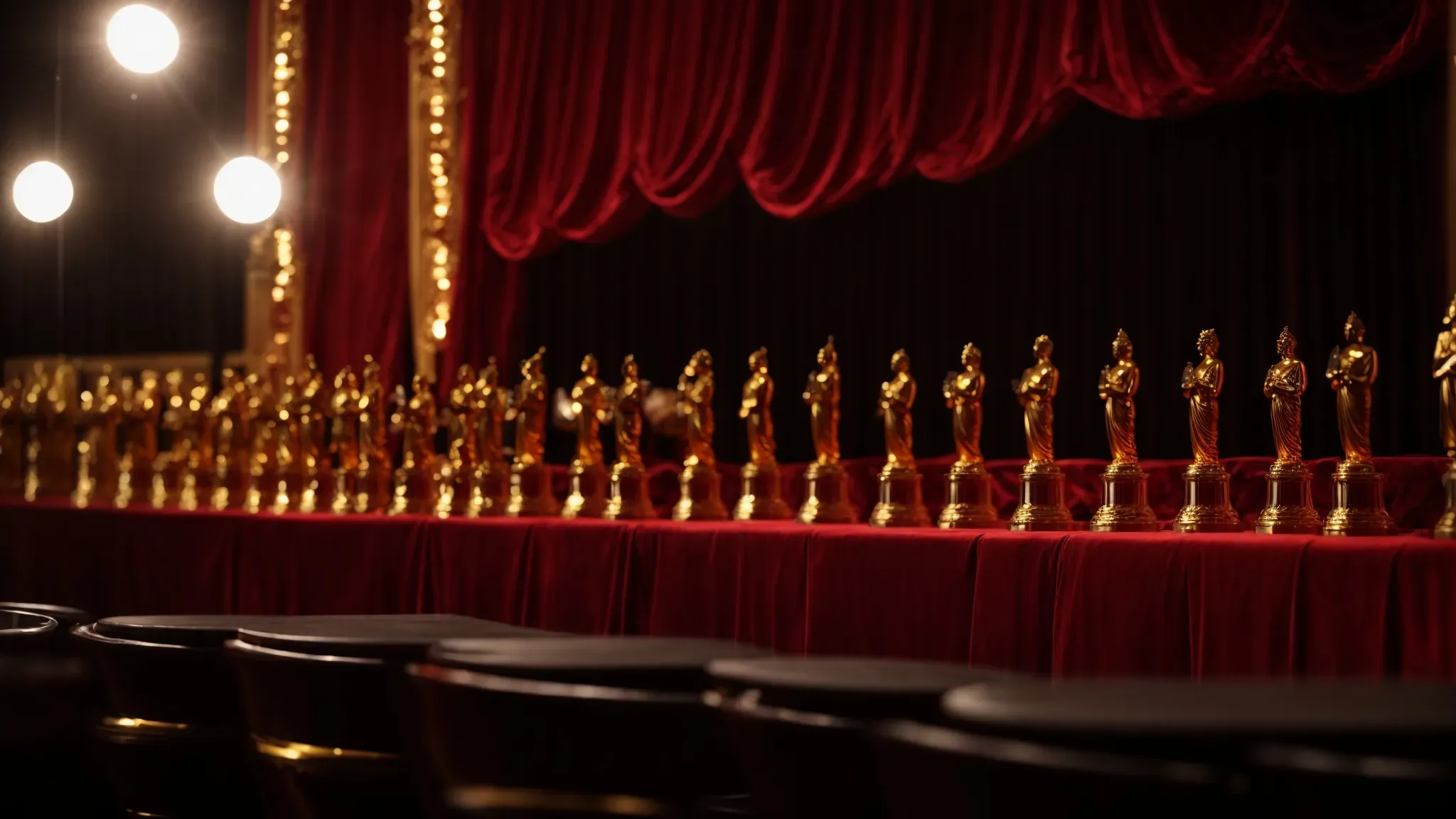 golden statuettes line an elegant, red-curtained stage, spotlighting the grandeur of an awards ceremony.