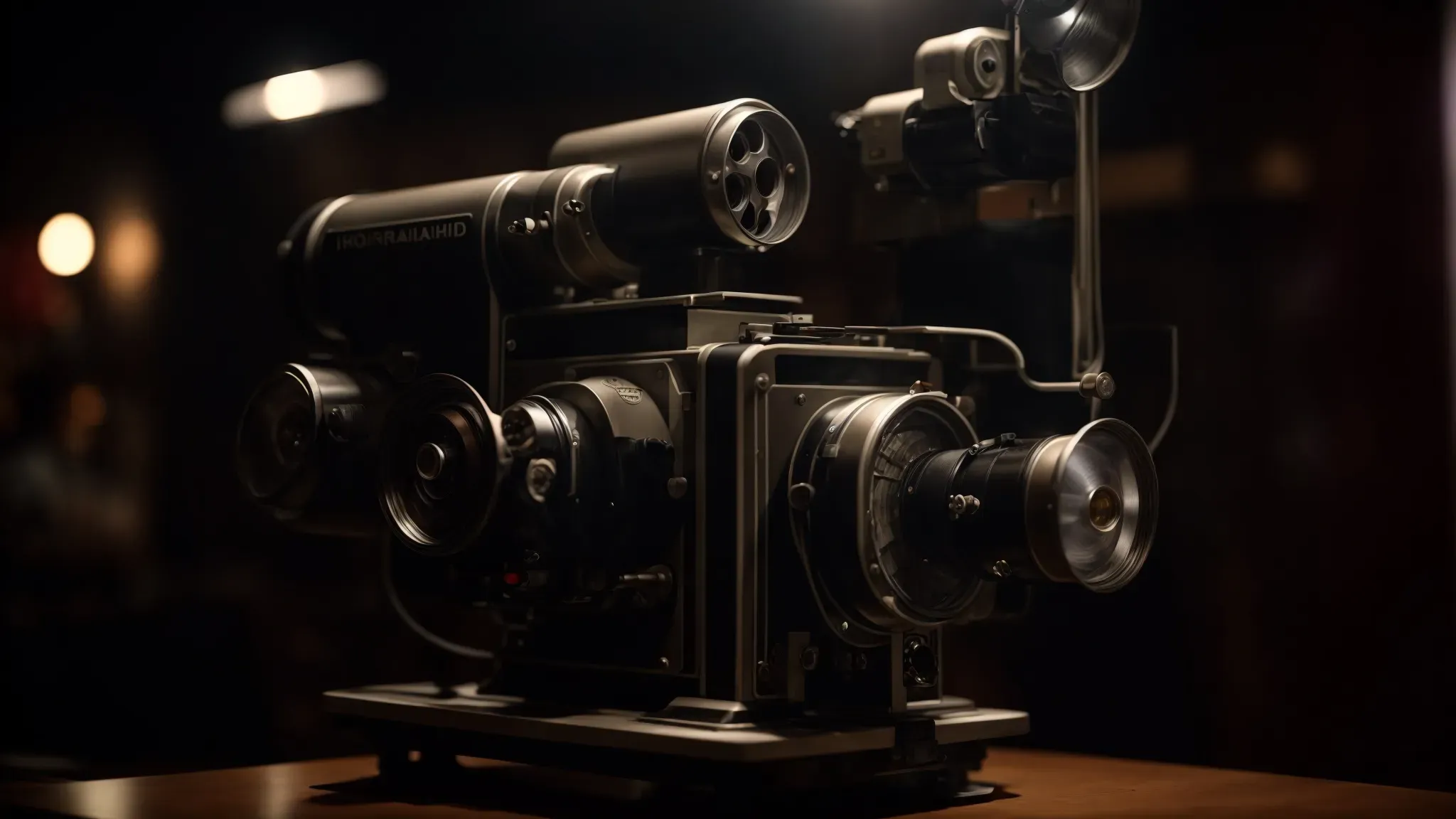 a vintage film projector casting a soft light across a darkened room filled with eager moviegoers.