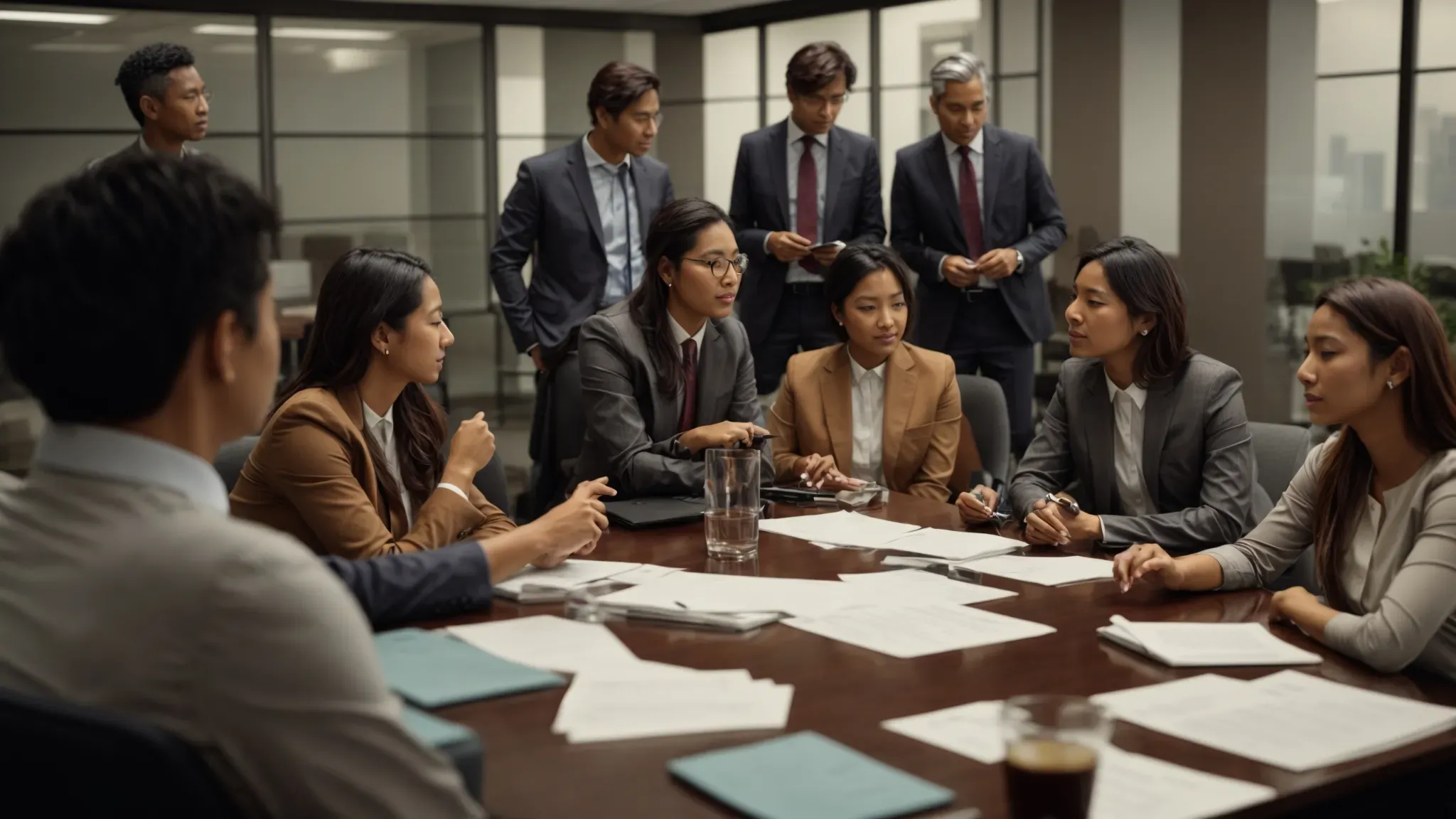 a group of office workers gathered around a conference table, engaged in a lively discussion.