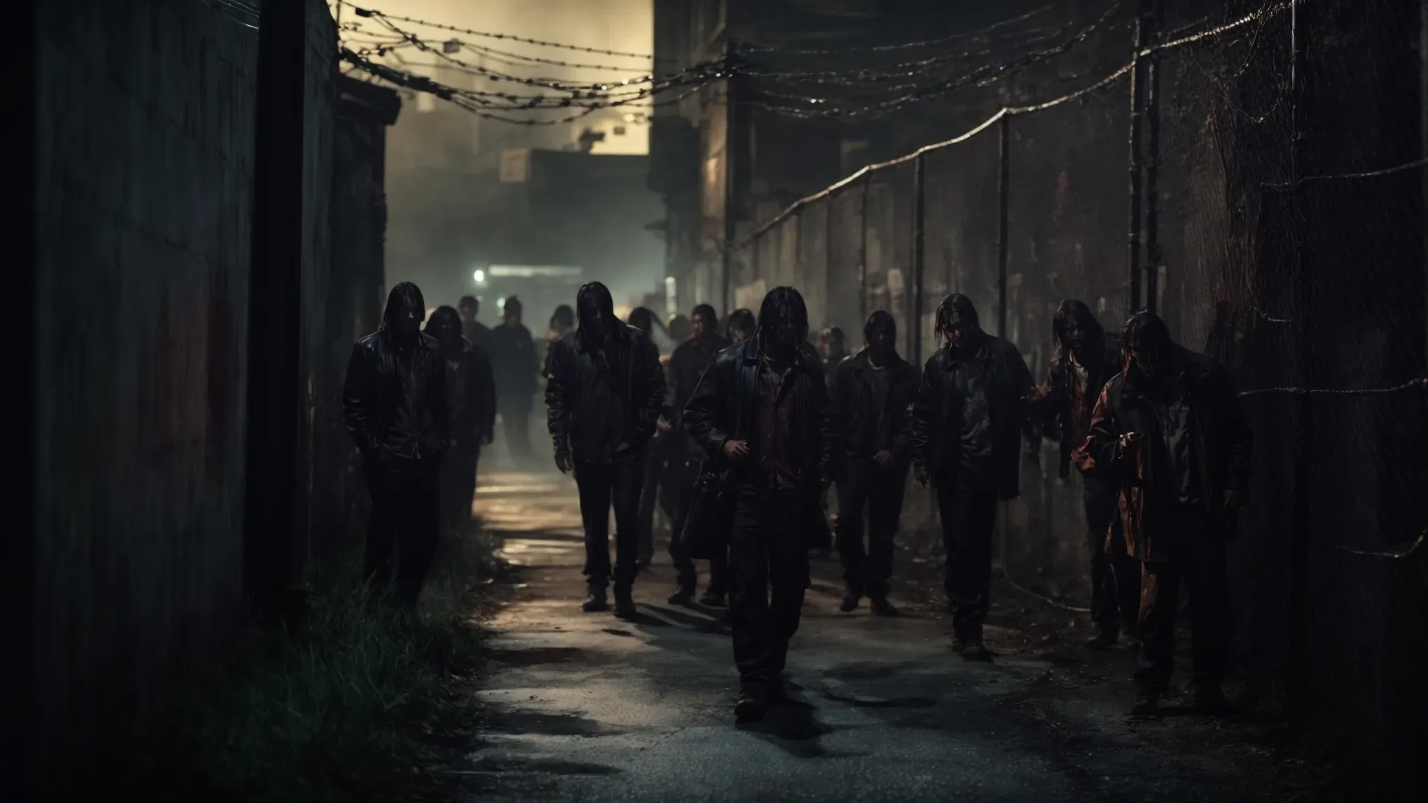 a dimly lit alley with zombies staggering behind a chain-link fence, hinting at the blend of horror and obscurity from underrated zombie films.