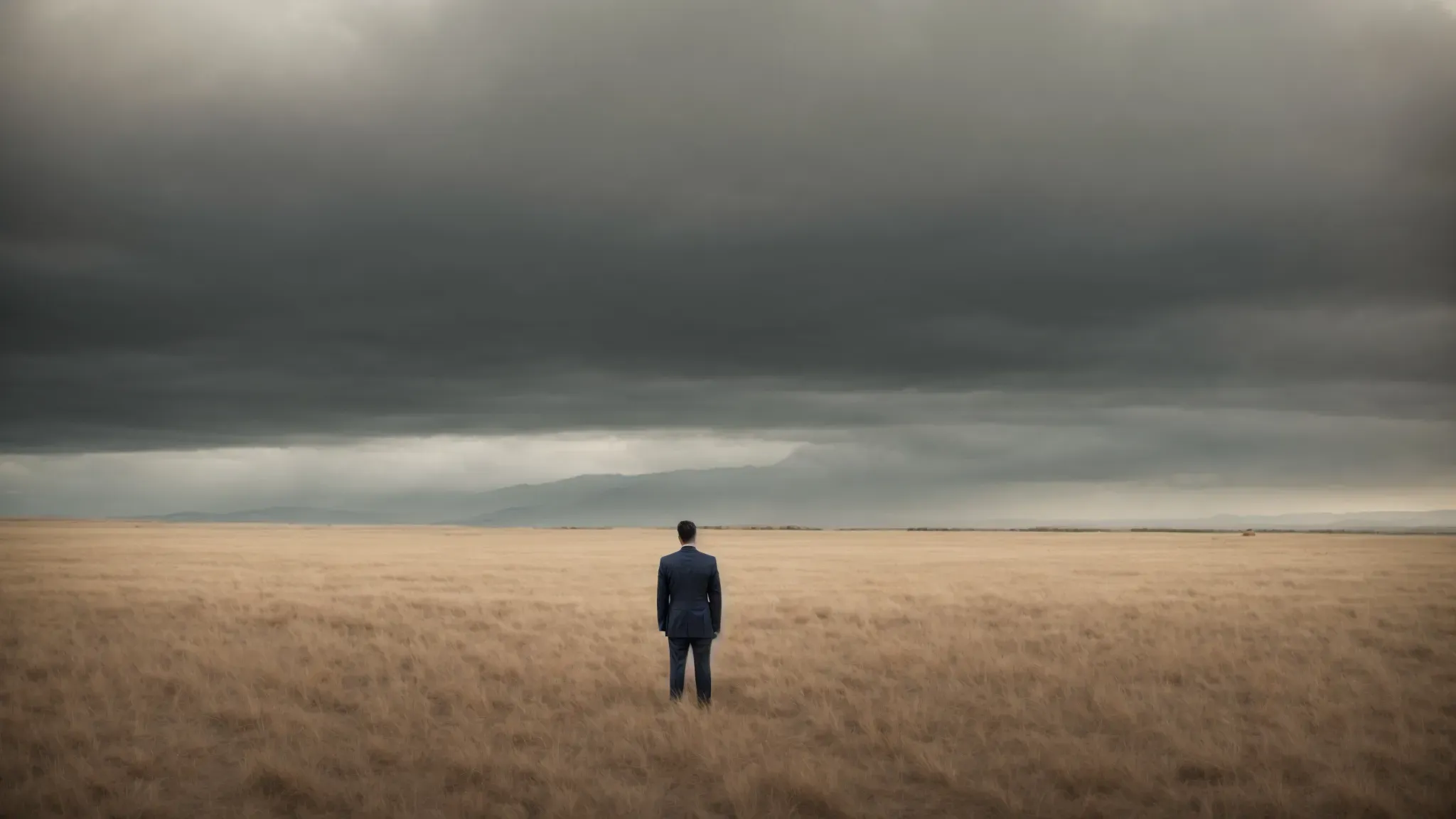 a man in a suit stands alone in a vast, desolate landscape, gazing towards an obscure, distant structure that hints at hidden depths of intrigue and time-bending secrets.