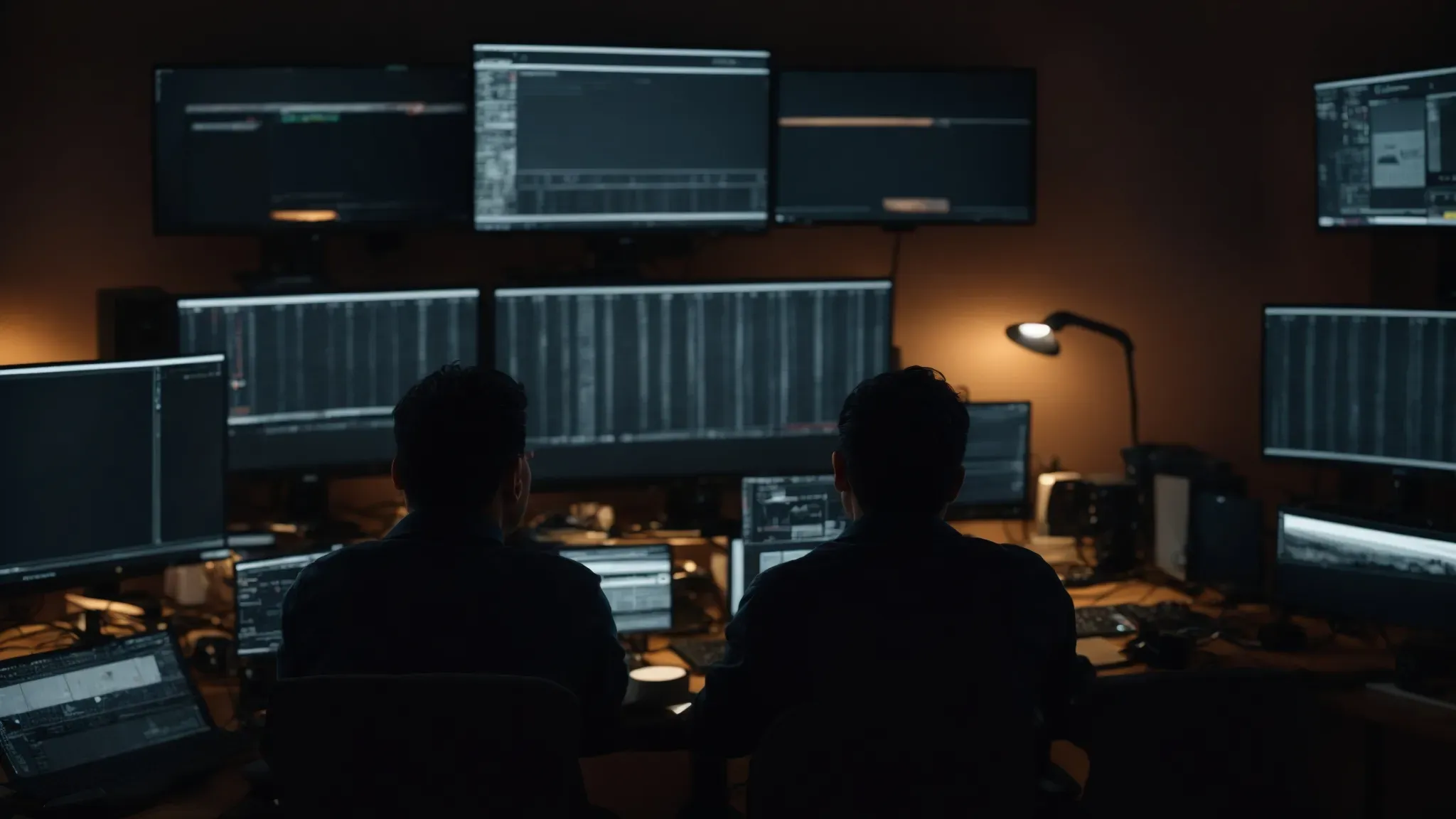 a person sitting in front of multiple computer monitors, absorbed in video editing software, in a dimly lit room.