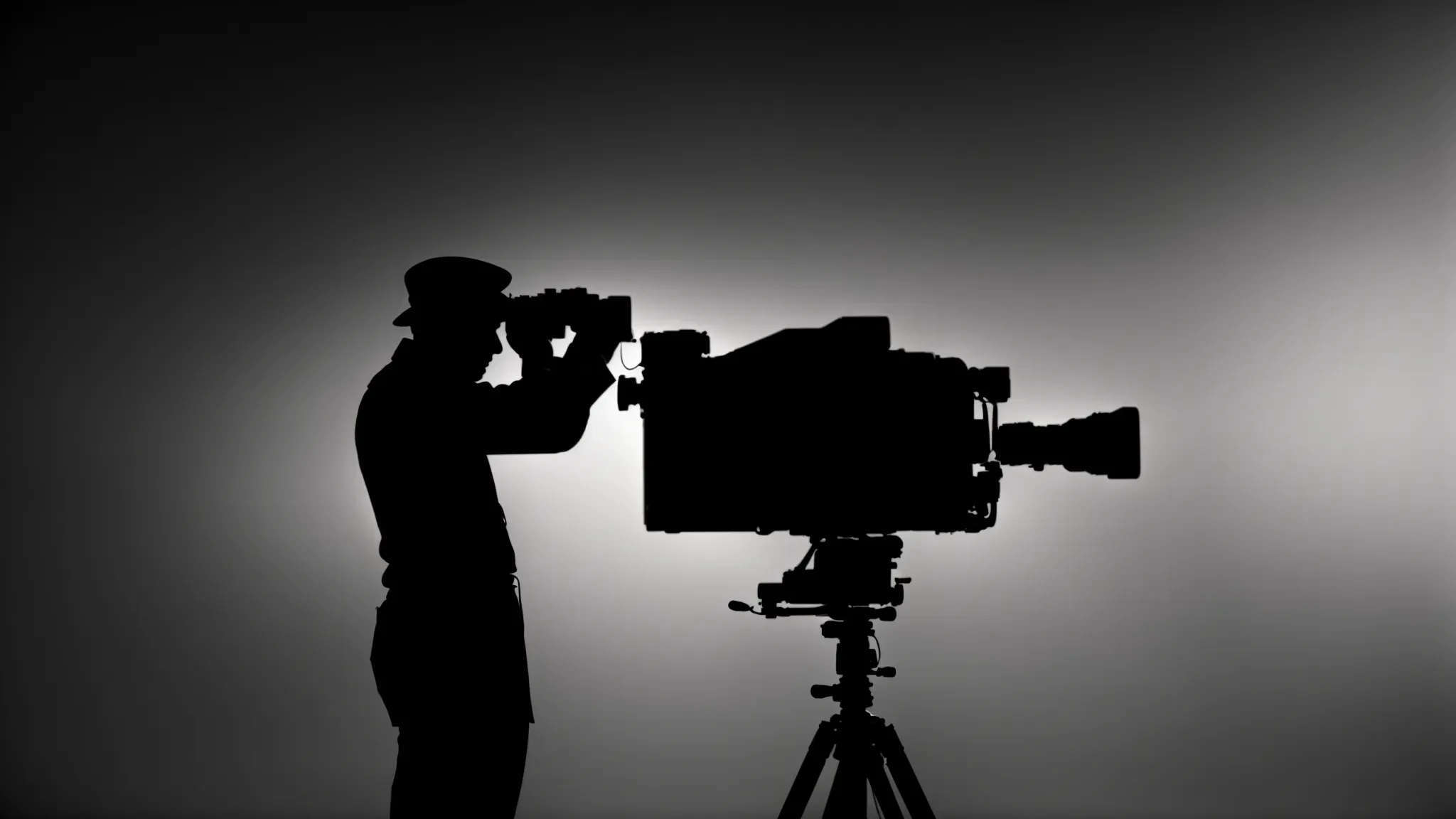 a silhouette of a man holding a camera, capturing an iconic scene from an alfred hitchcock film, highlighting the suspenseful atmosphere.