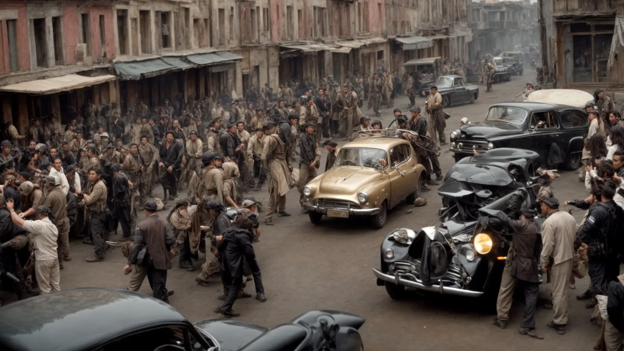 an action film director orchestrates a complex stunt sequence on a bustling movie set.