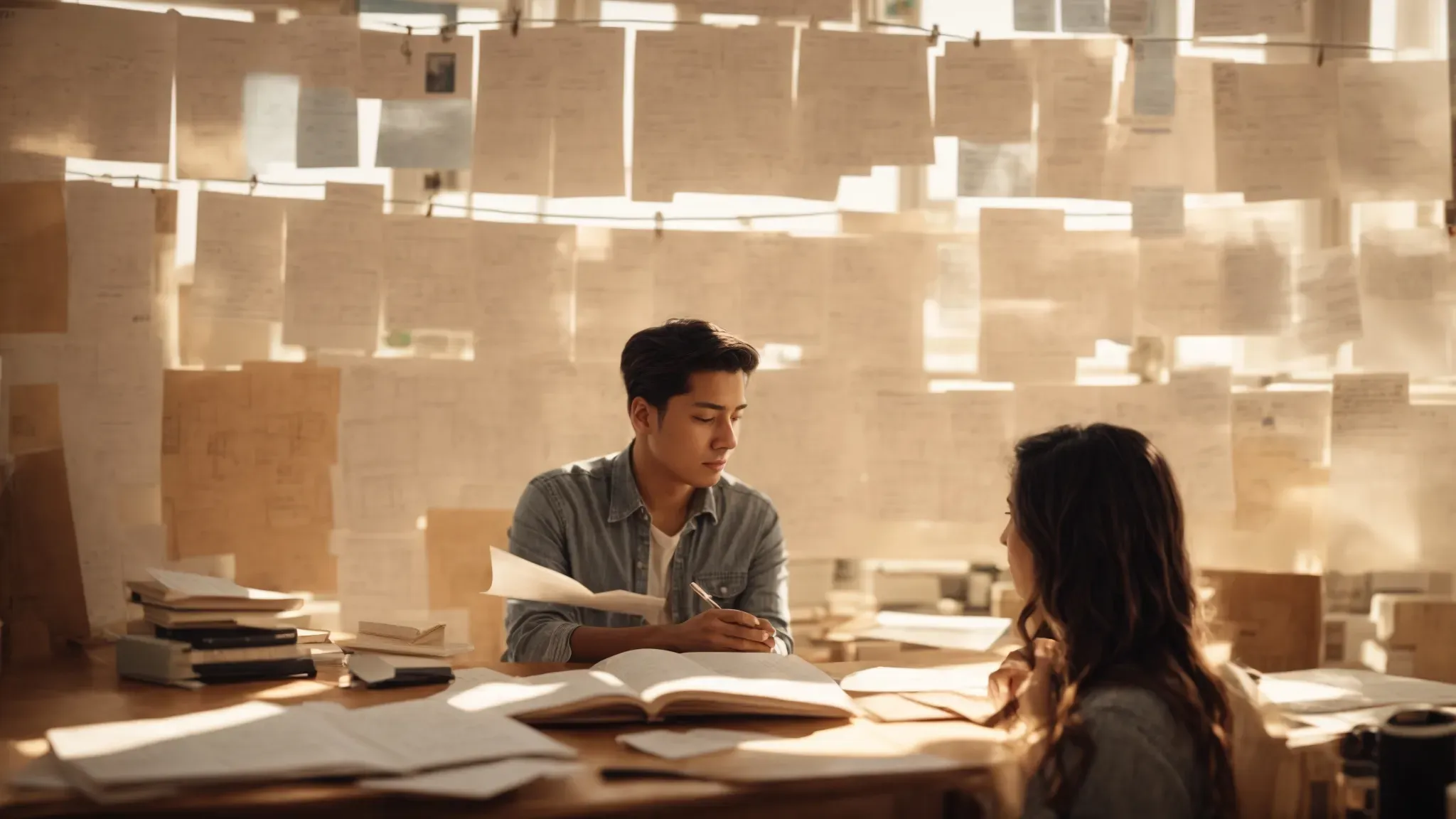 a filmmaker thoughtfully outlines a storyboard, surrounded by notes and sketches, in a quiet, sunlit room.