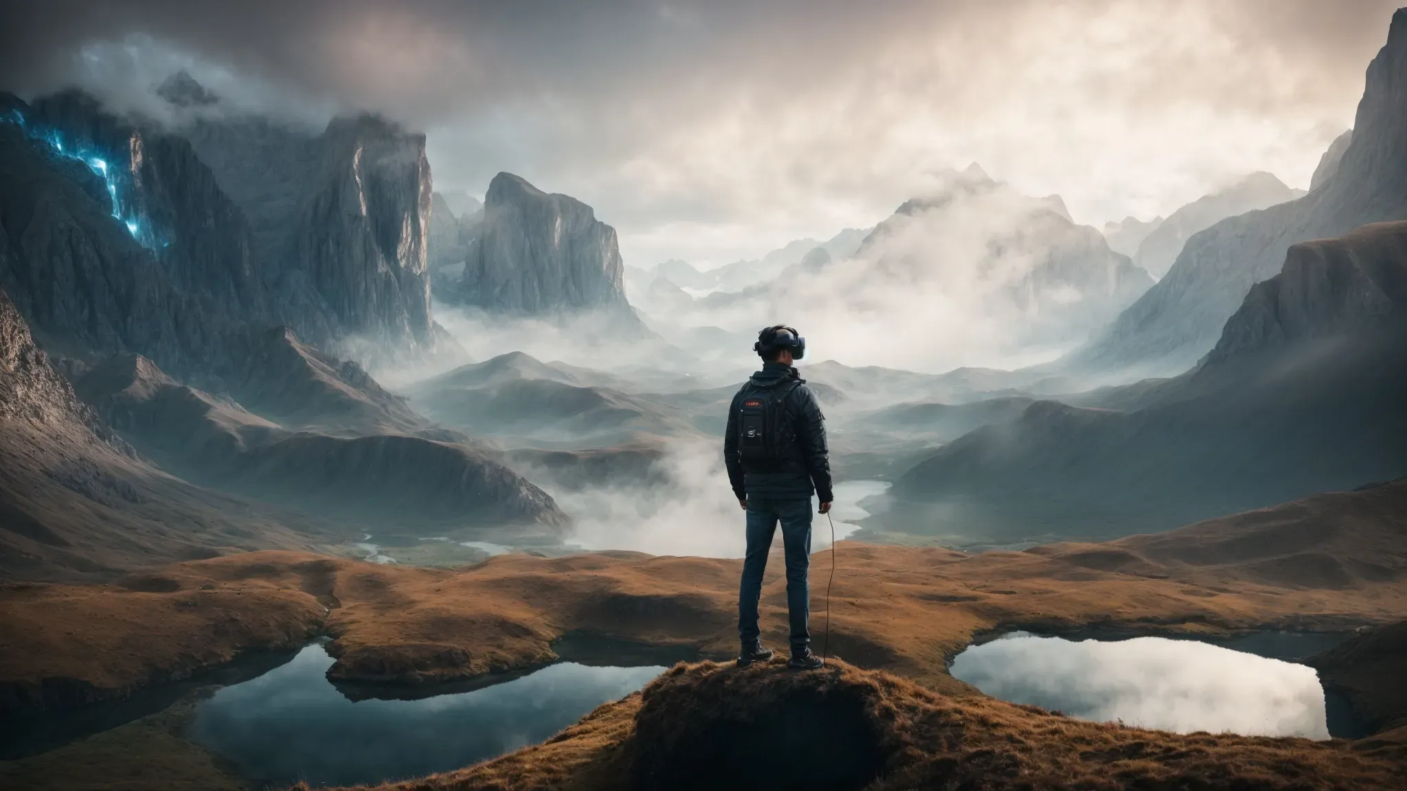a person with a vr headset stands amidst a futuristic set-up, engrossed in an interactive virtual landscape.