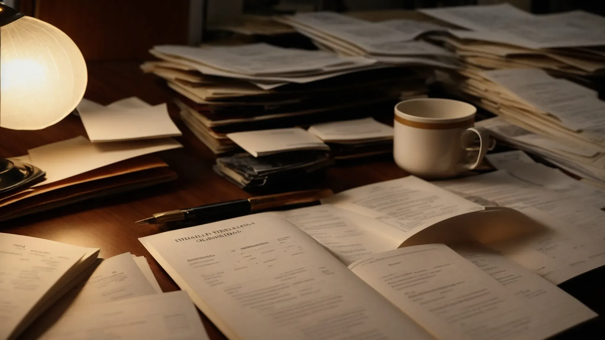 a cluttered table strewn with scripts, storyboards, and a calendar, illuminated under a desk lamp in a dimly lit room.