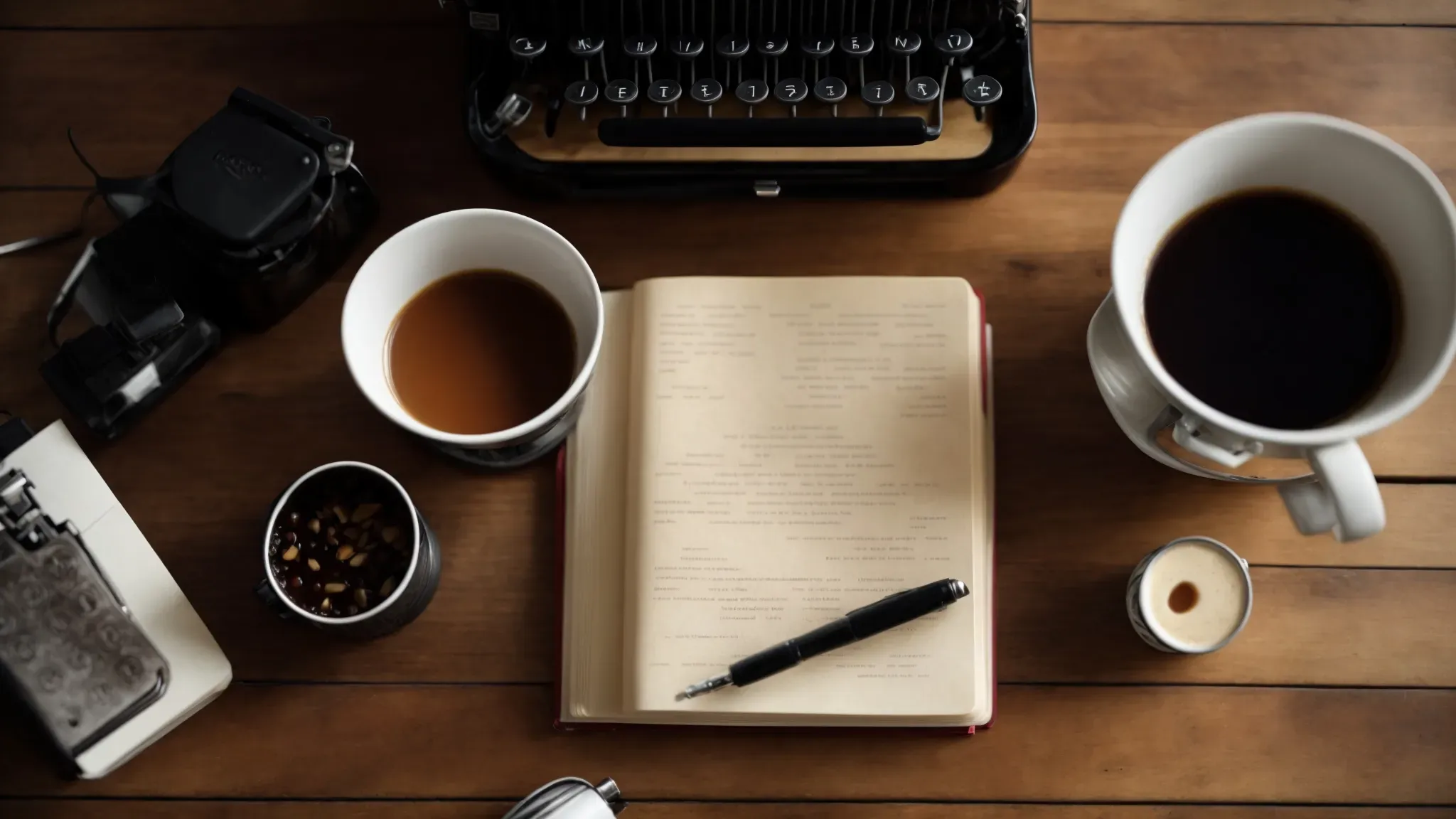 an open notebook lies on a wooden table surrounded by a vintage typewriter, a cup of coffee, and several scripts scattered around, highlighting a creative workspace.