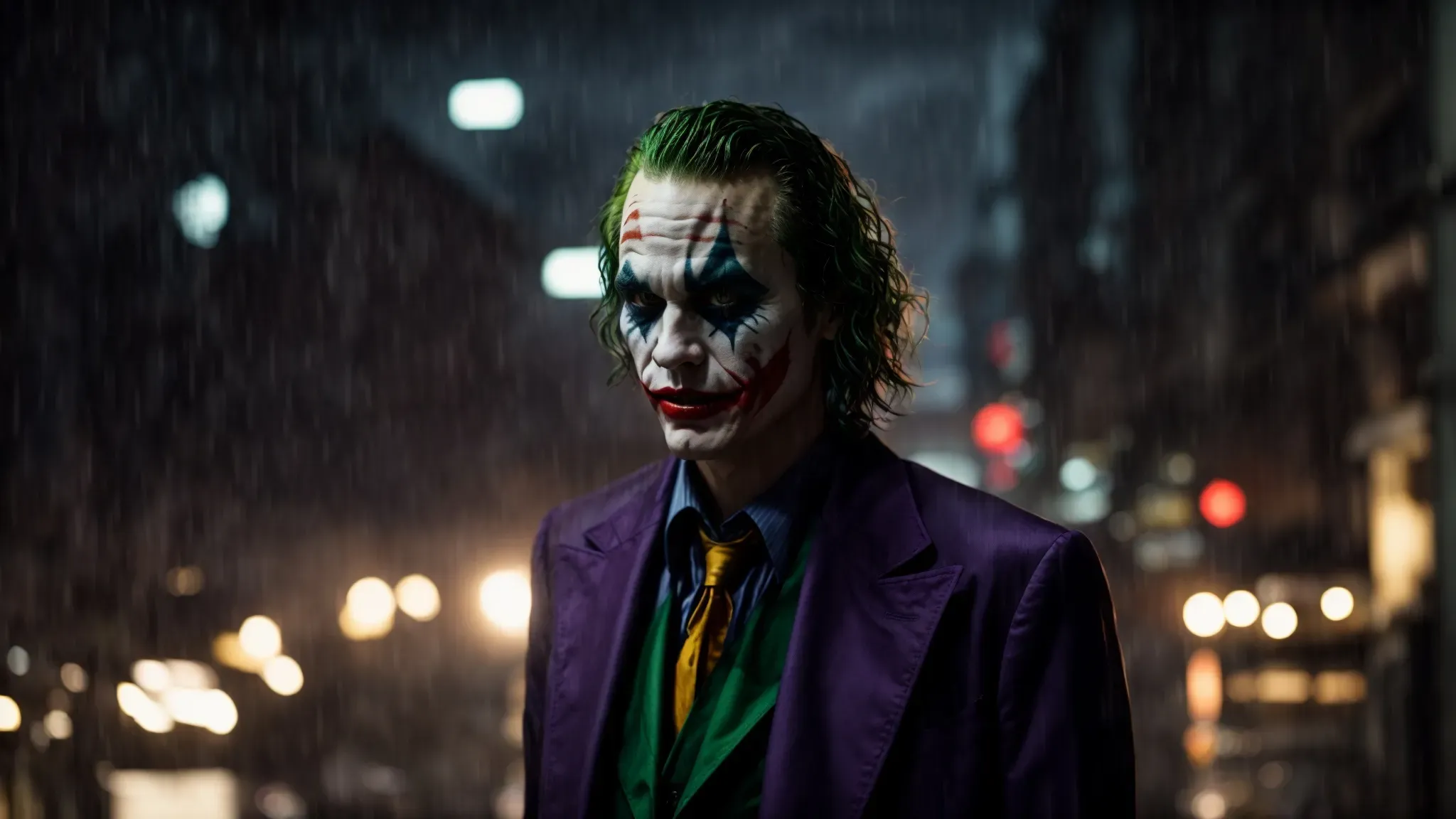 the joker, with his chaotic grin, stands alone amidst the dark, brooding streets of gotham, embodying the night's madness.