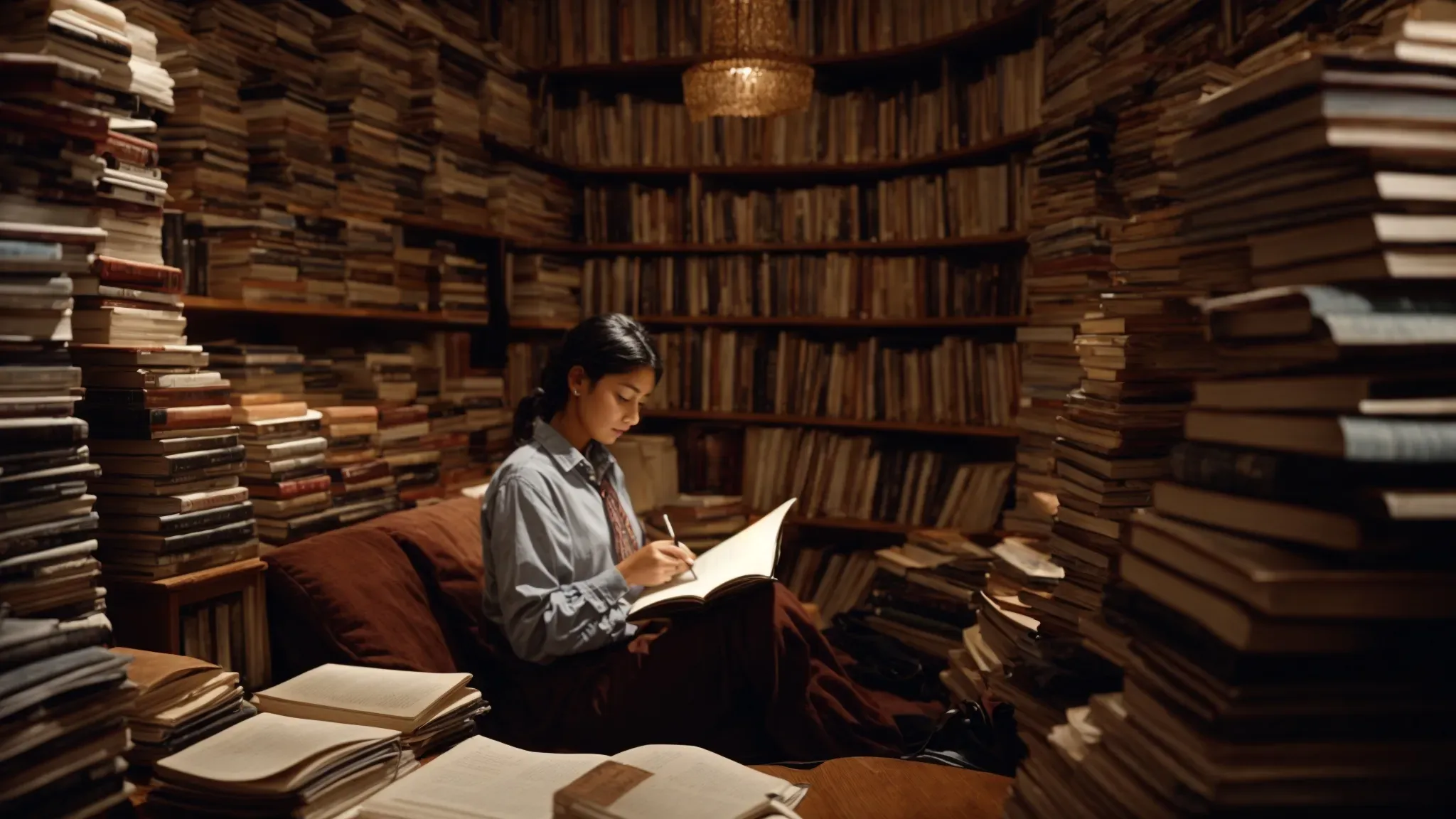 a person sits in a cozy reading nook, surrounded by stacks of scripts and film books, focused and jotting down notes.
