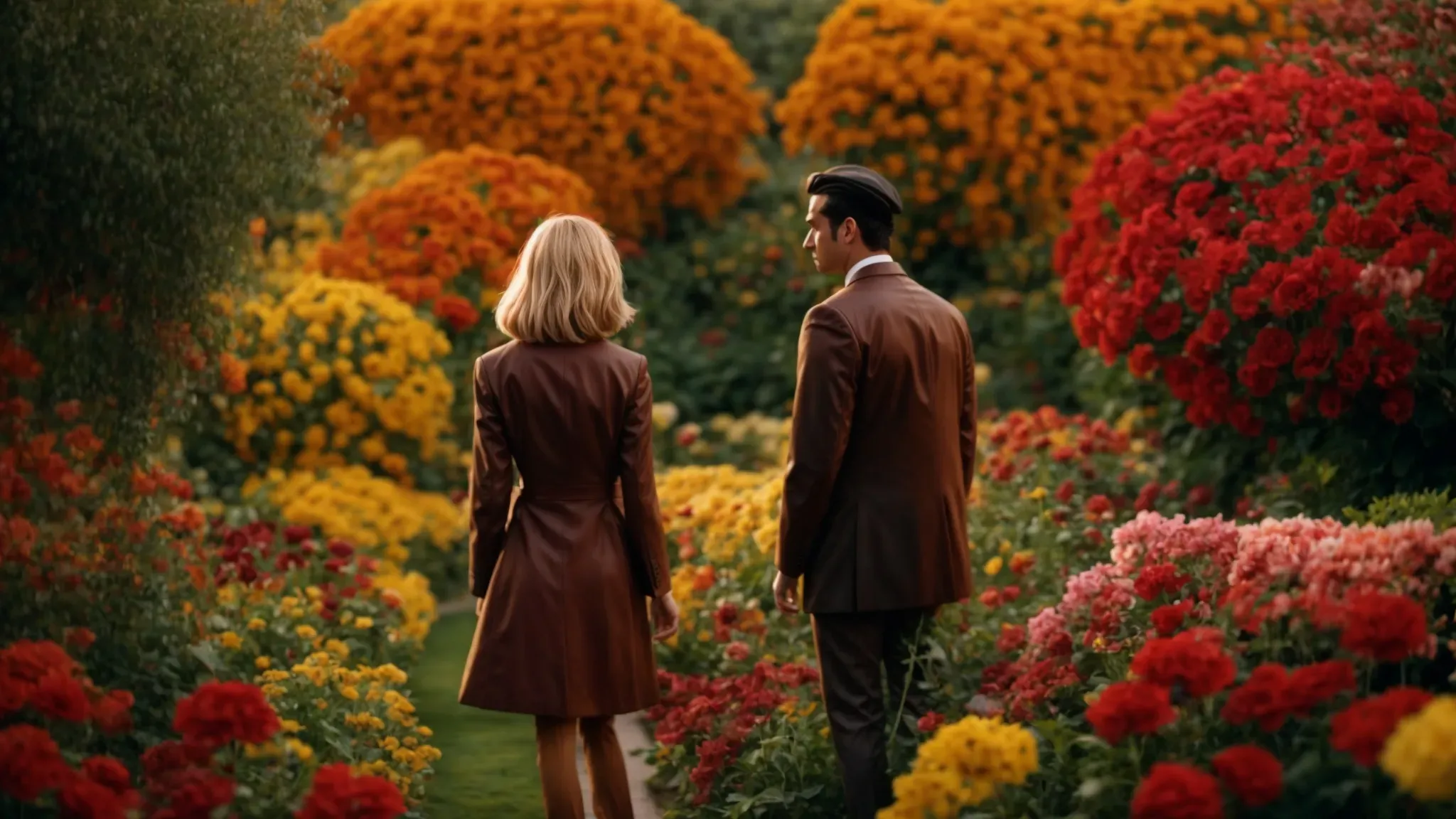a man intently follows a blonde woman through a richly colored flower garden, capturing the mysterious allure of hitchcock's 'vertigo.'