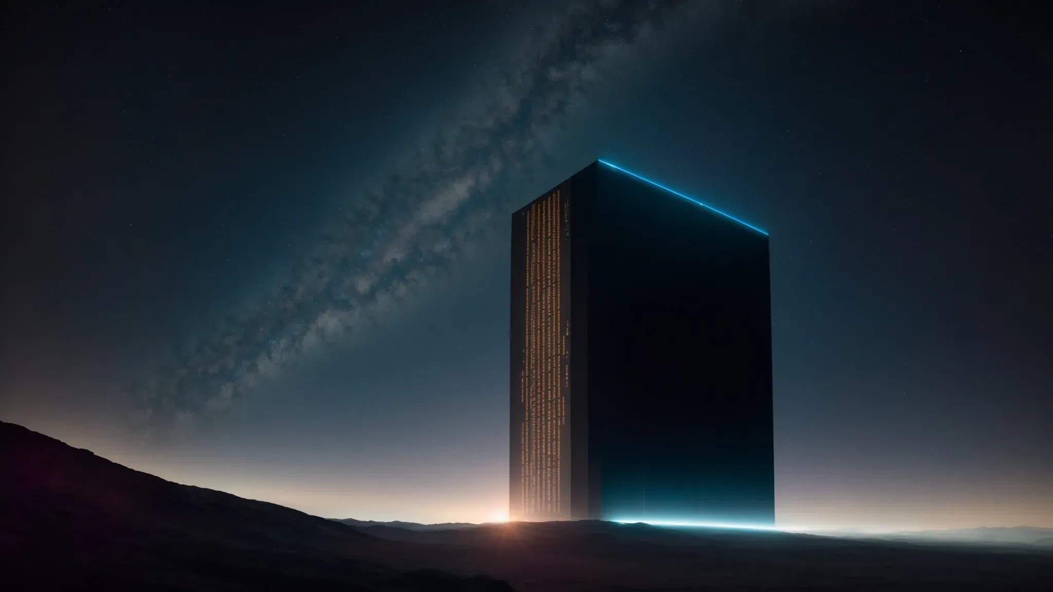 a hypnotic shot of the iconic starry space corridor or the mysterious monolith amidst a cosmic backdrop, echoing the enigma of '2001: a space odyssey'.