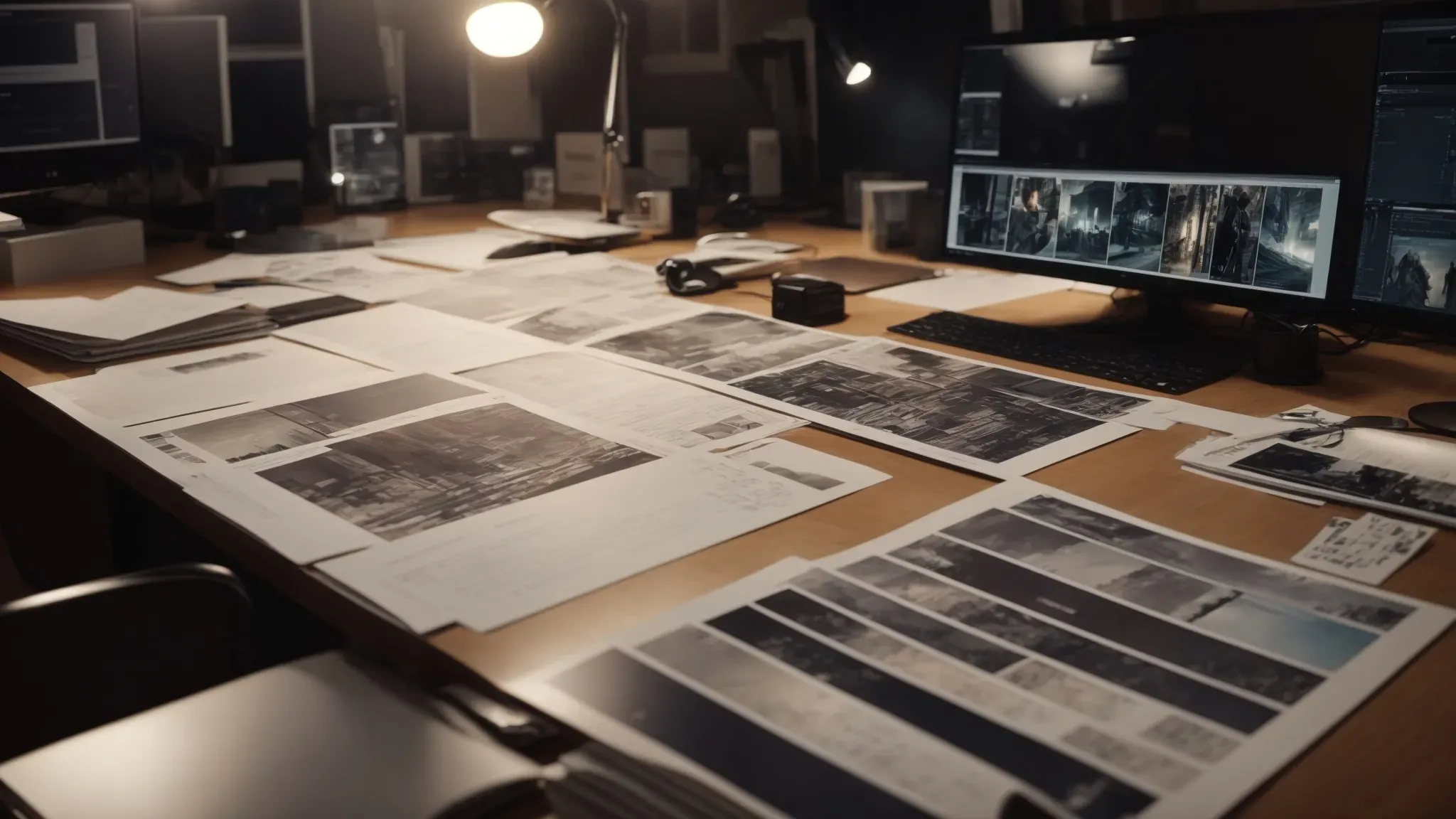 an illuminated desk hosting an array of storyboards and concept art, with a focused director mapping out a visionary music video treatment.