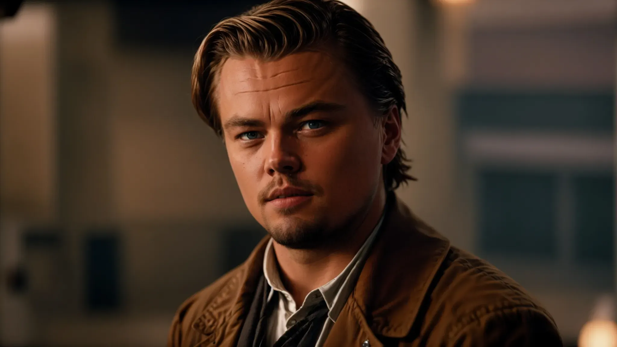 leonardo dicaprio, with expressive eyes, gazes intently in a '90s period costume.