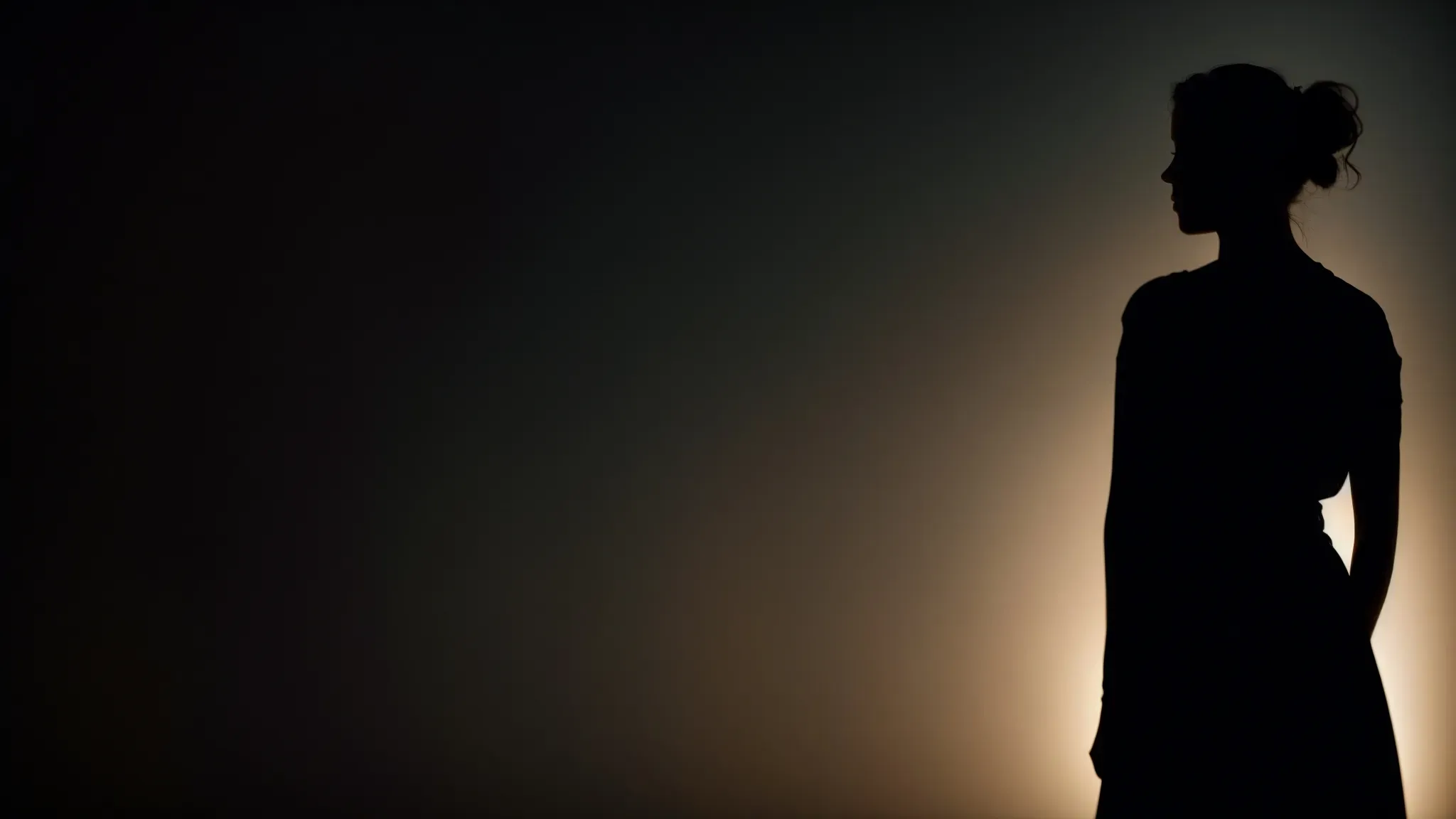 a shadowy figure of a woman stands in the dimly lit corner of a room, her silhouette casting an air of mystery and intrigue.