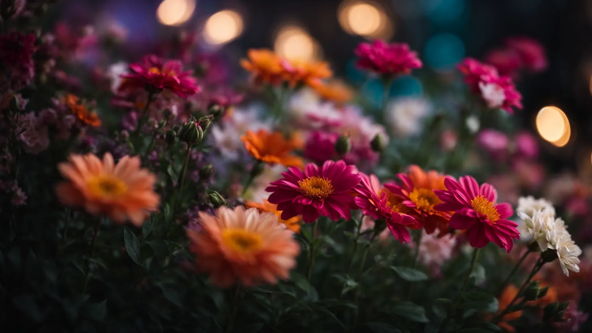 a close-up of colorful flowers with softly blurred lights in the background, creating a dreamy atmosphere.