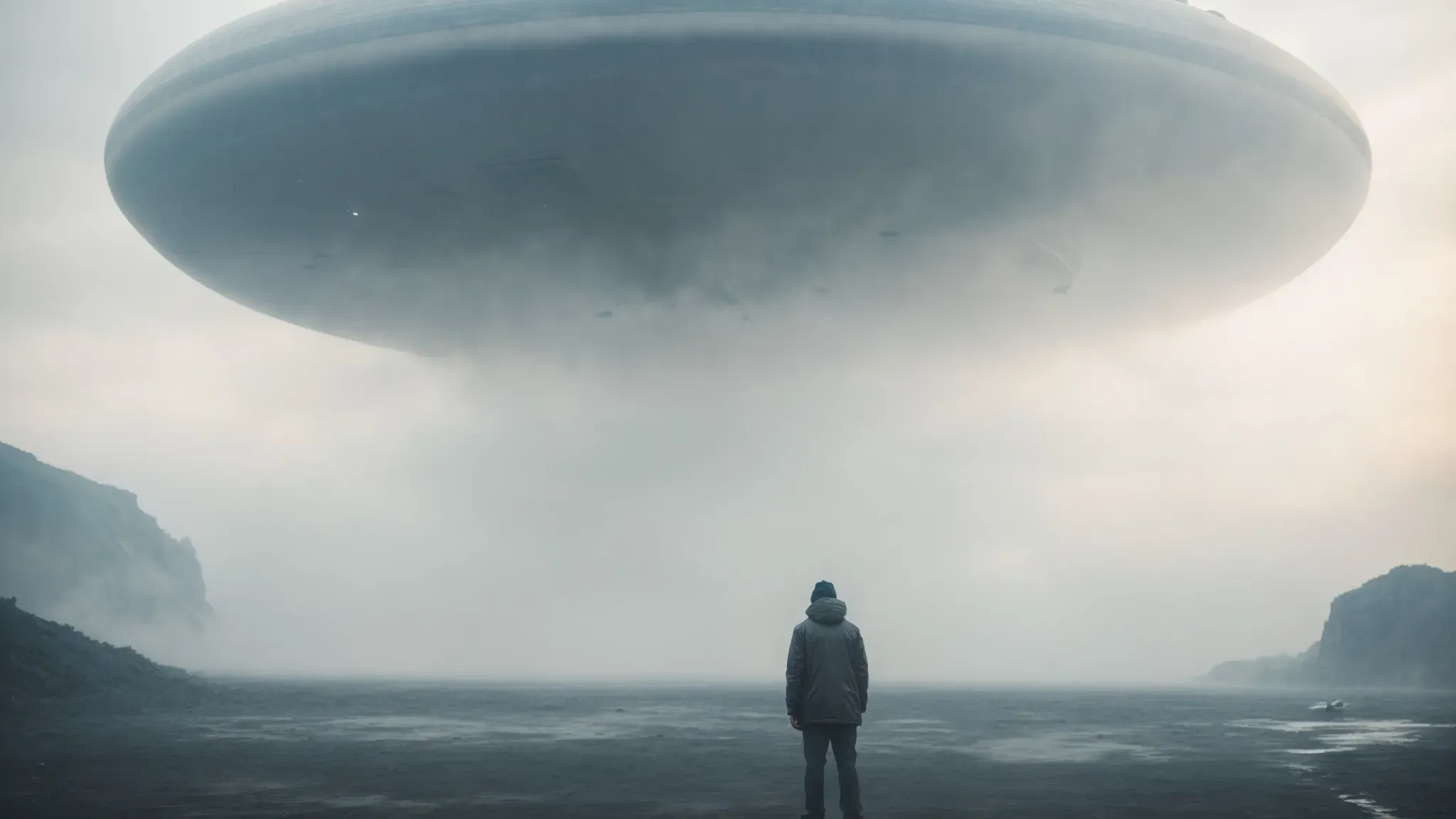 a figure stands in front of a massive, mist-shrouded alien spacecraft, the air charged with anticipation and the unknown.