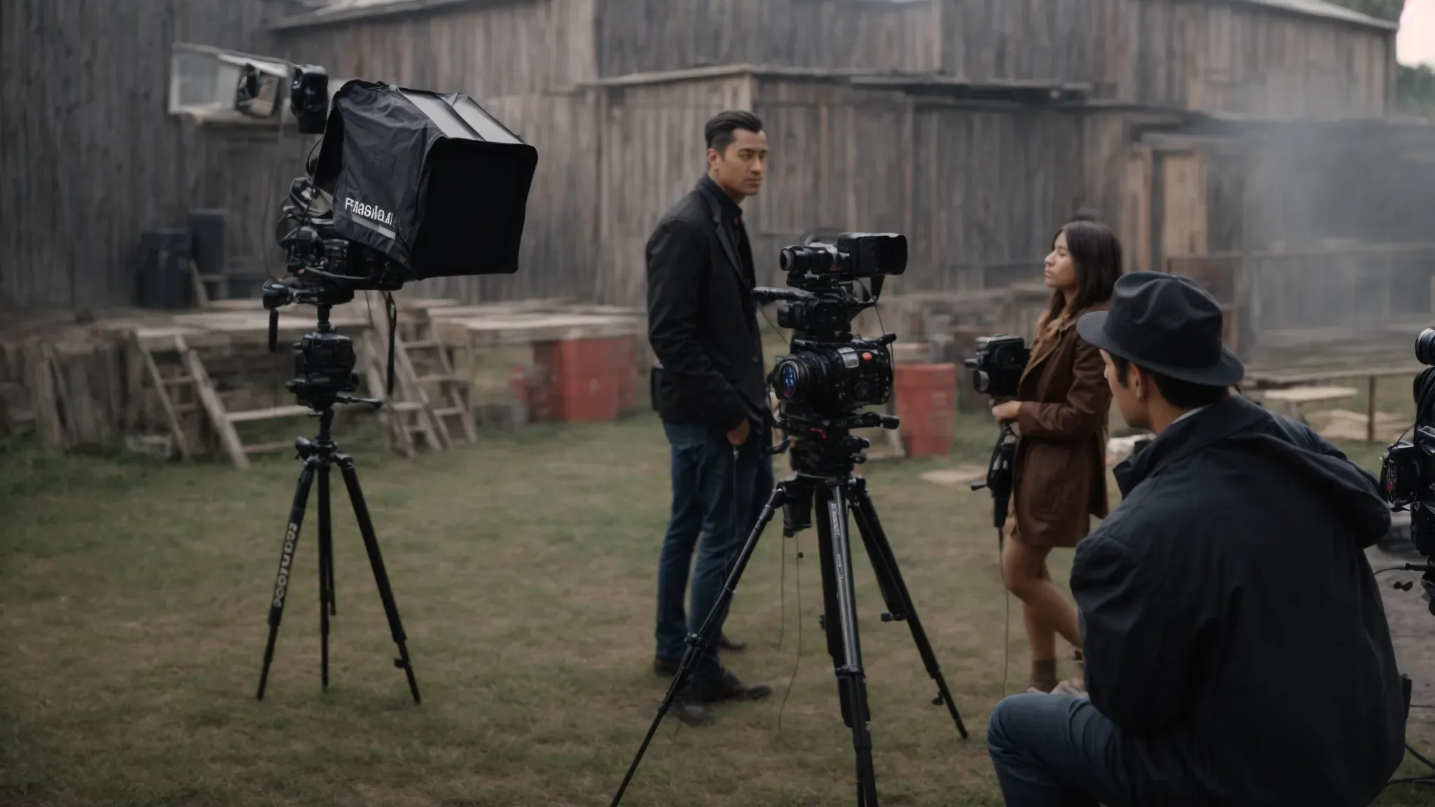 a director and producer discussing in front of a camera on a film set.