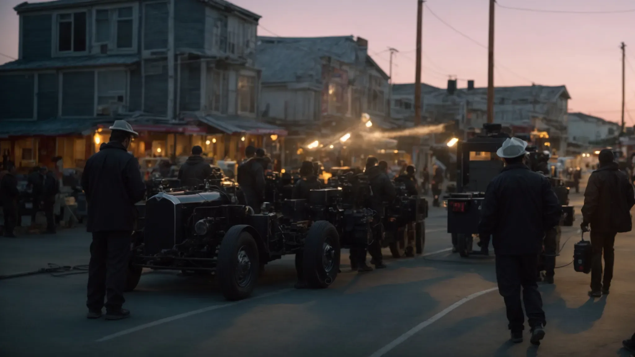 a bustling film set at dusk with crew members moving equipment and a production assistant coordinating amidst the controlled chaos.
