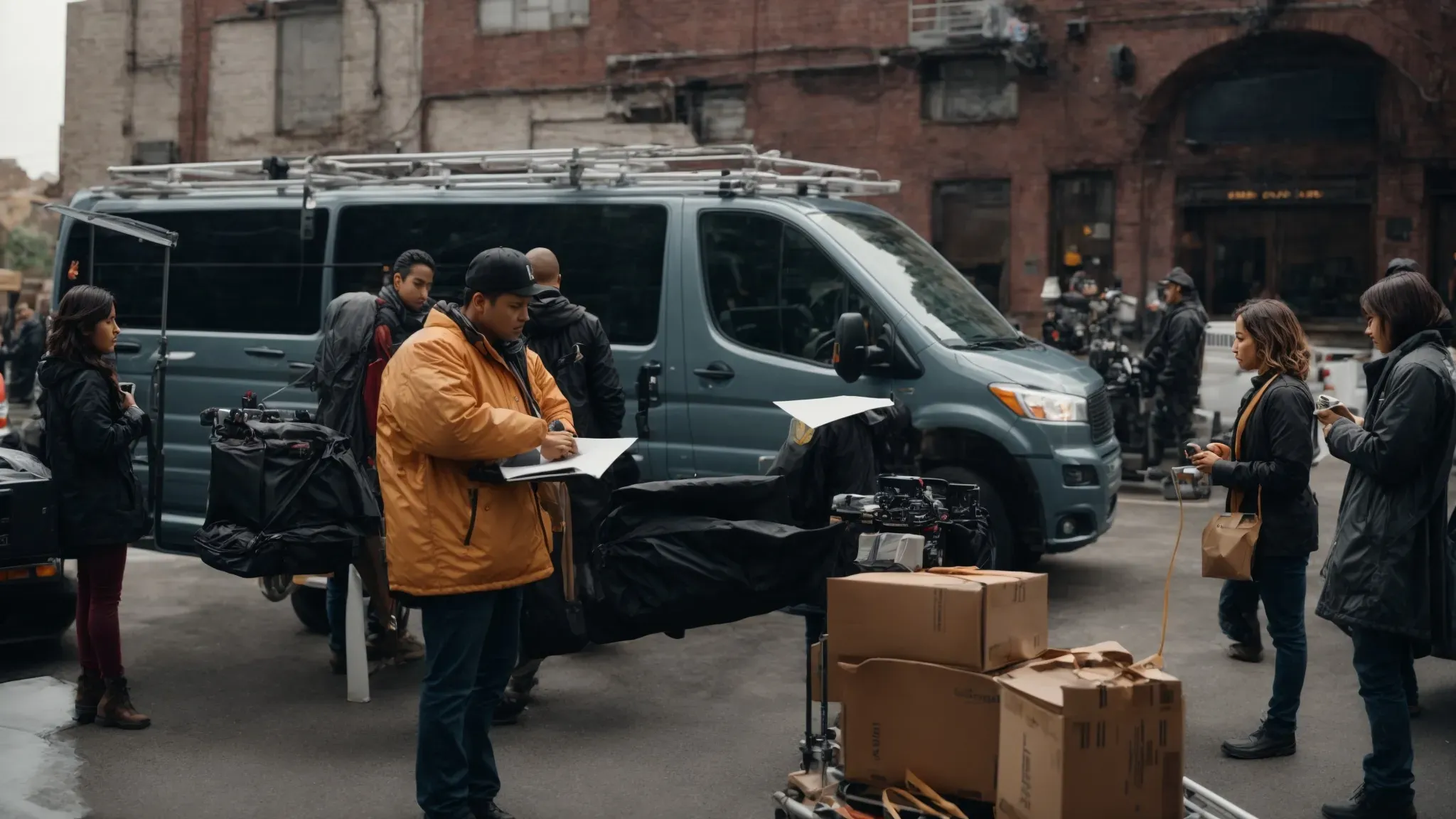 a producer with a clipboard oversees equipment being loaded into a van amidst a bustling film set.