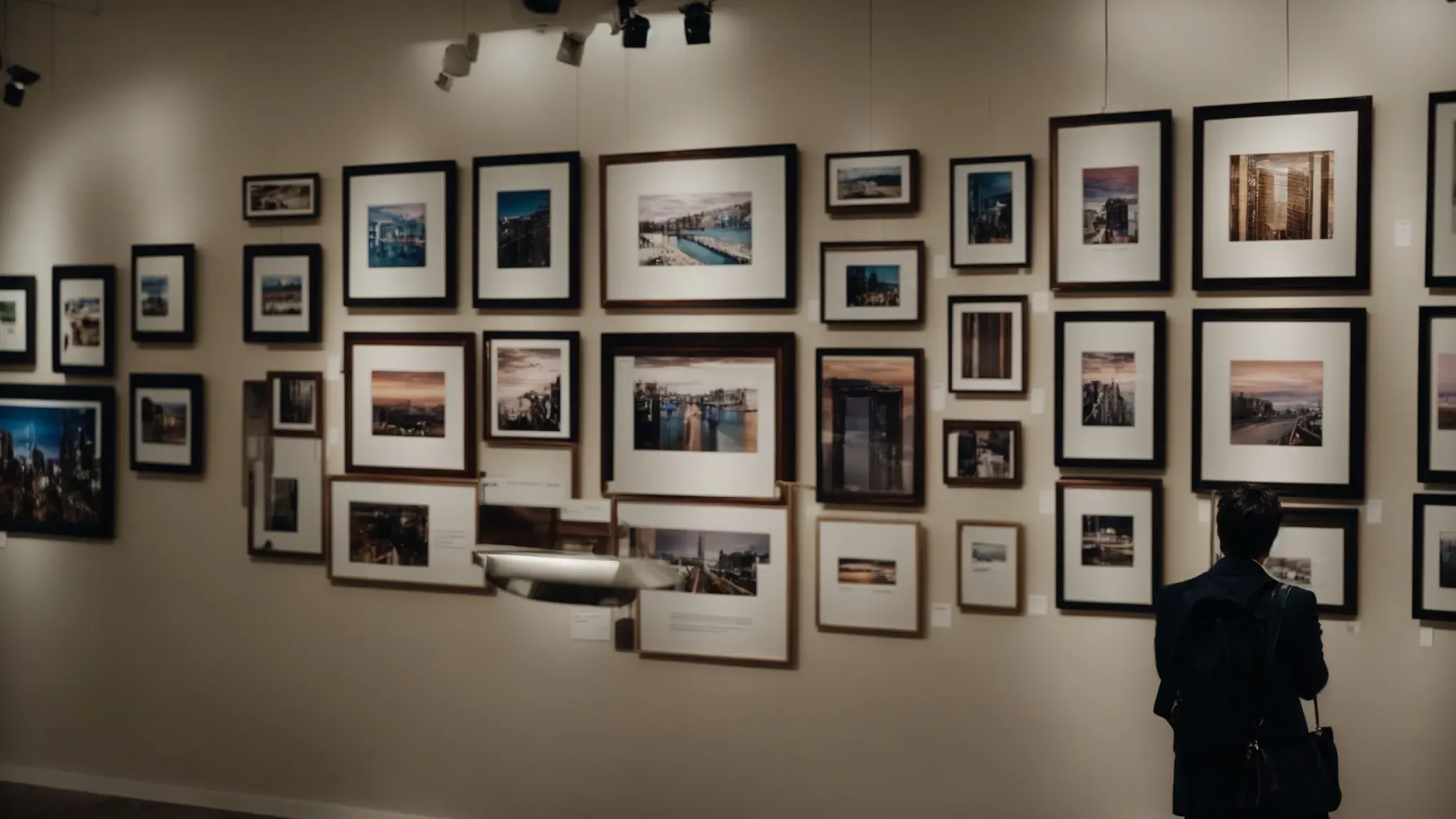 a photographer showcases a diverse array of framed pictures during an art gallery exhibition.