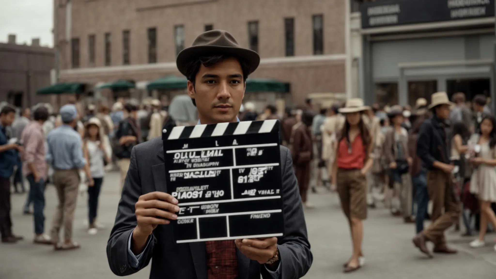 a film director holds a clapperboard before actors on a bustling movie set.