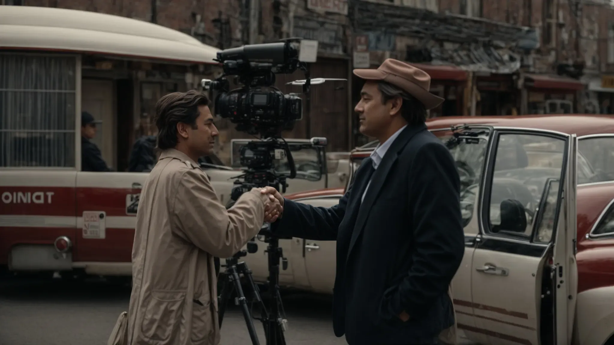 a filmmaker and property owner shaking hands in front of a camera on a bustling film set.