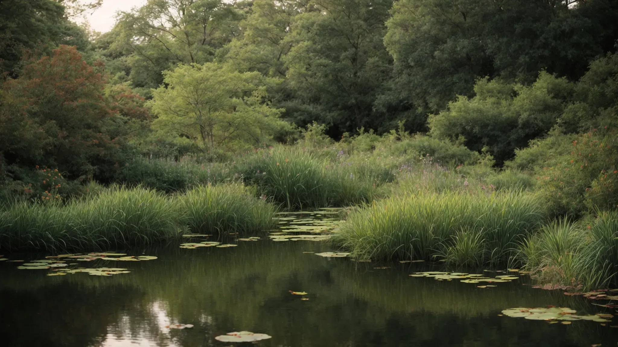 a diverse array of native plants thriving around a natural, serene freshwater pond.