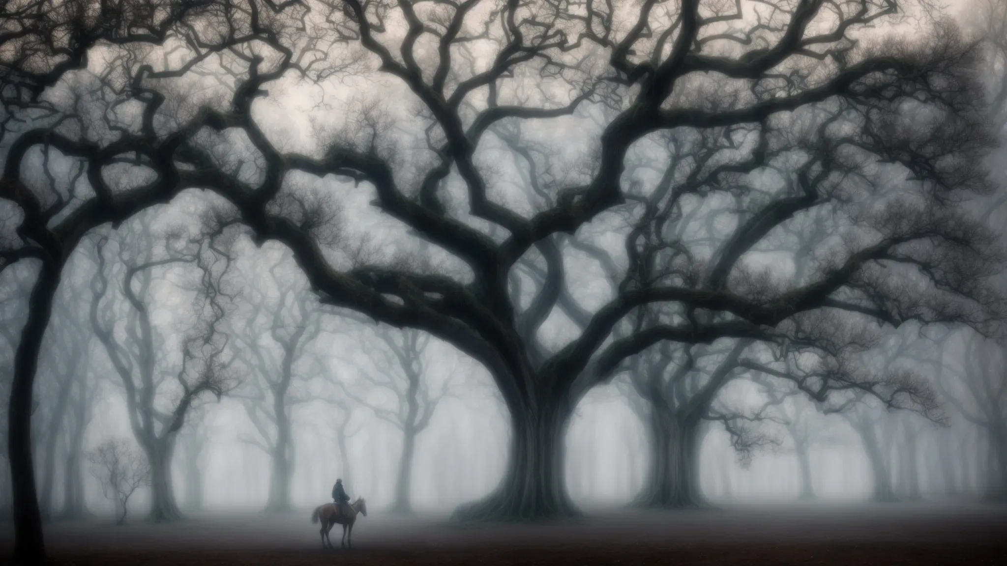 a fog-enshrouded forest with a silhouette of a caped horseman against the backdrop of twisted, leafless trees.
