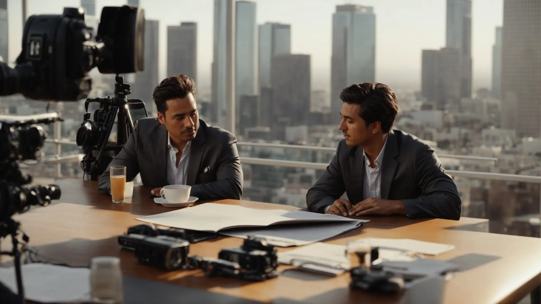 a filmmaker and a producer discuss plans over a table with a los angeles cityscape in the background.