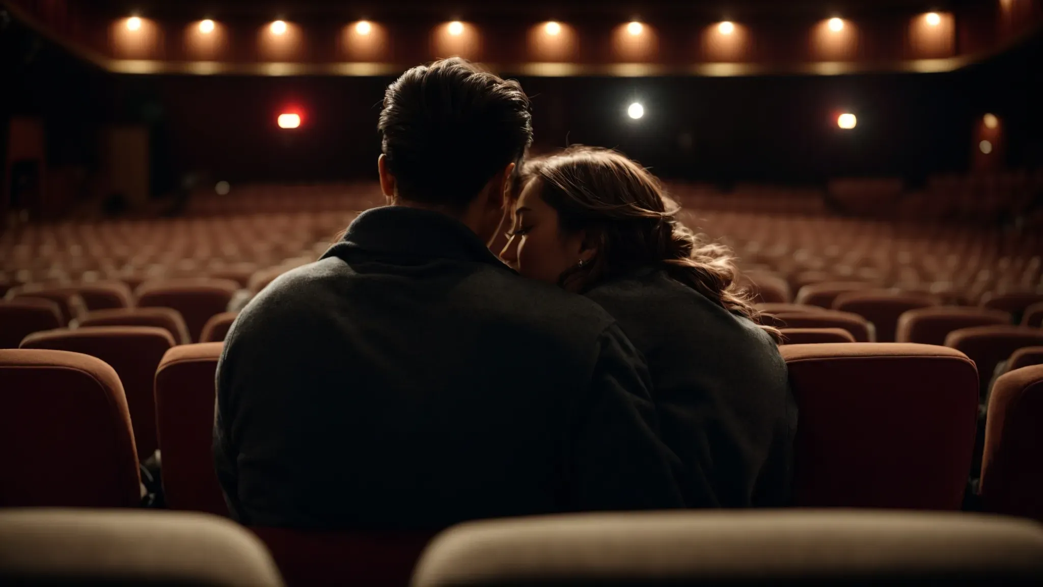 a couple embraces tenderly in a dimly lit theater, absorbed in the emotional climax of a romantic drama as the audience around them watches with captivated attention.