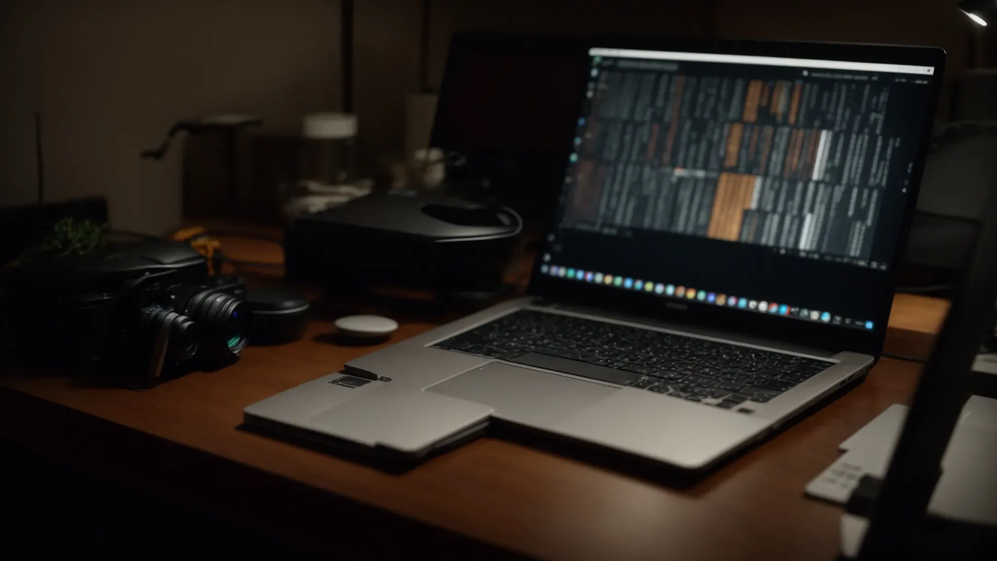 a laptop with scriptwriting software open sits on a desk, surrounded by a dimly lit room, suggesting late-night creativity.