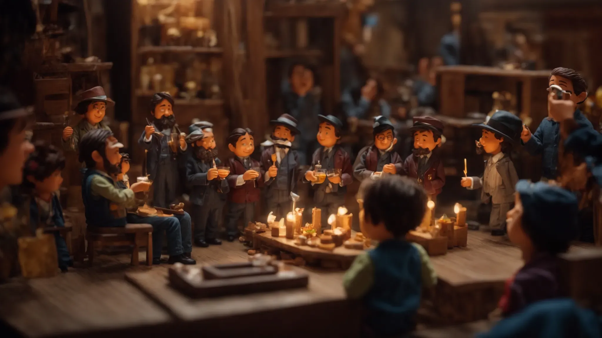 a group of animators gathering joyously around a intricate stop motion set, celebrating with a toast.