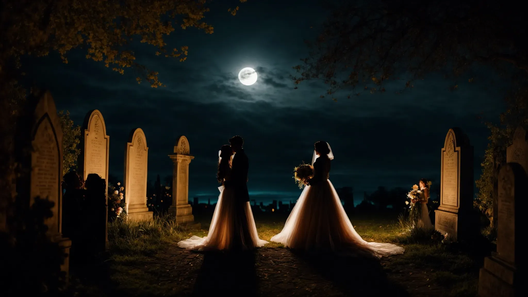 a silhouetted couple stands under a luminous full moon, with a spectral bride gently holding a bouquet in an enchanted, gothic graveyard.