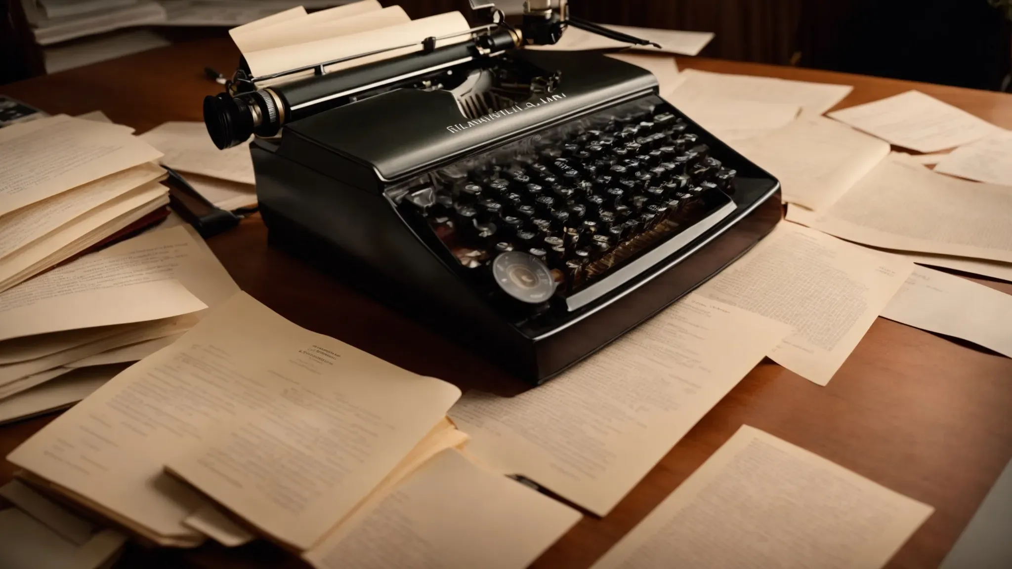 a screenwriter sits at a vintage desk illuminated by a single desk lamp, surrounded by scattered screenplay pages.