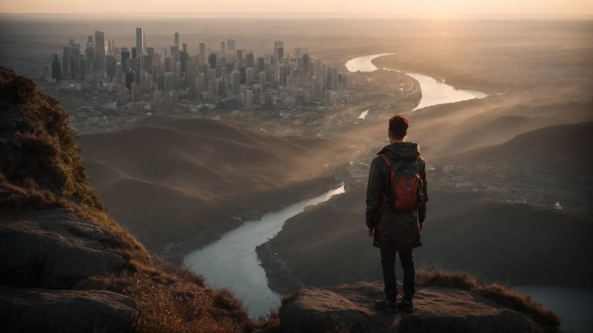 a person standing on a cliff edge, gazing at a sunrise illuminating a futuristic cityscape blending into a virtual world.