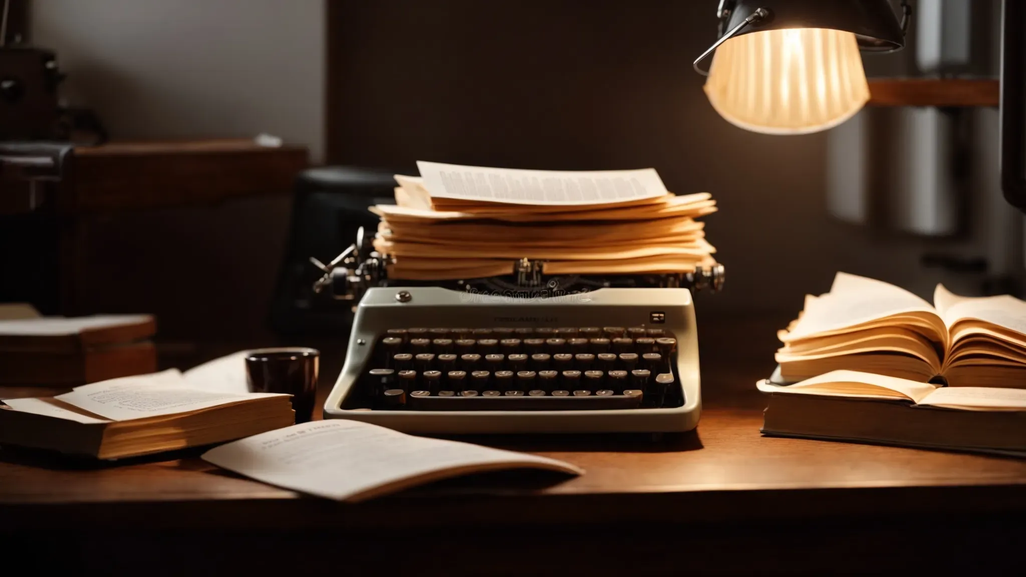 a stack of screenplay manuscripts on an old wooden desk, illuminated by a soft lamp light, with a vintage typewriter and scattered coffee cups nearby.