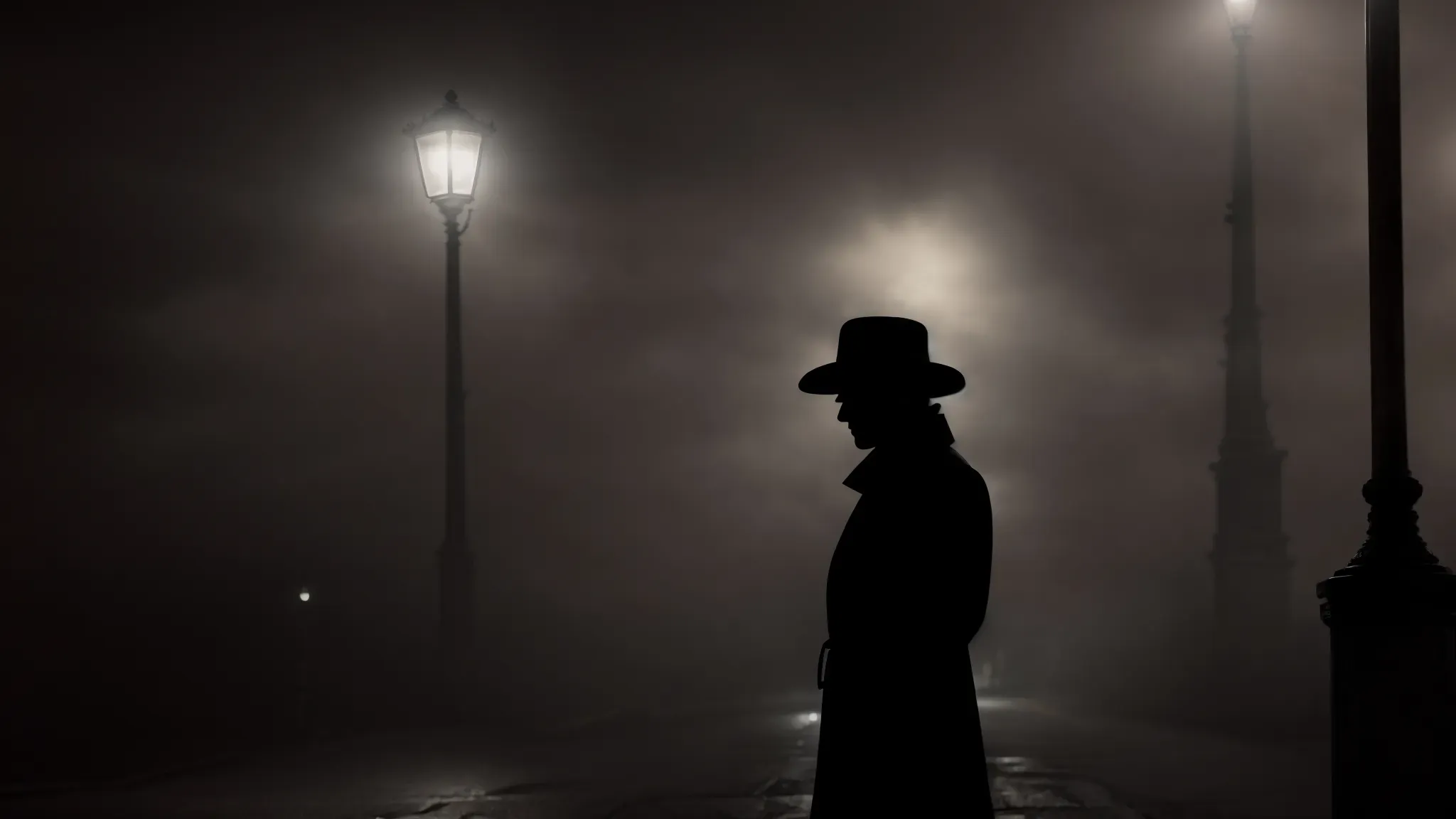 a shadowy figure standing under a streetlamp on a foggy night, with a fedora casting a dark visage across an expressionless face.